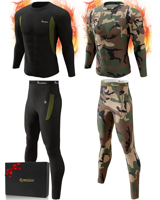 romision Thermal Underwear for Men, Ultra Soft Long Johns Set Fleece Lined Warm Base Layer Top and Bottom for Cold Weather