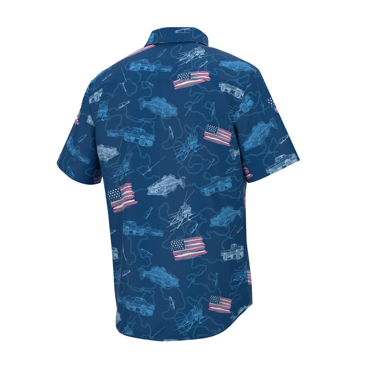 HUK Standard Kona Pattern Short Sleeve Fishing Button Down Shirt for Men, Flags-Set Sail, XX-Large