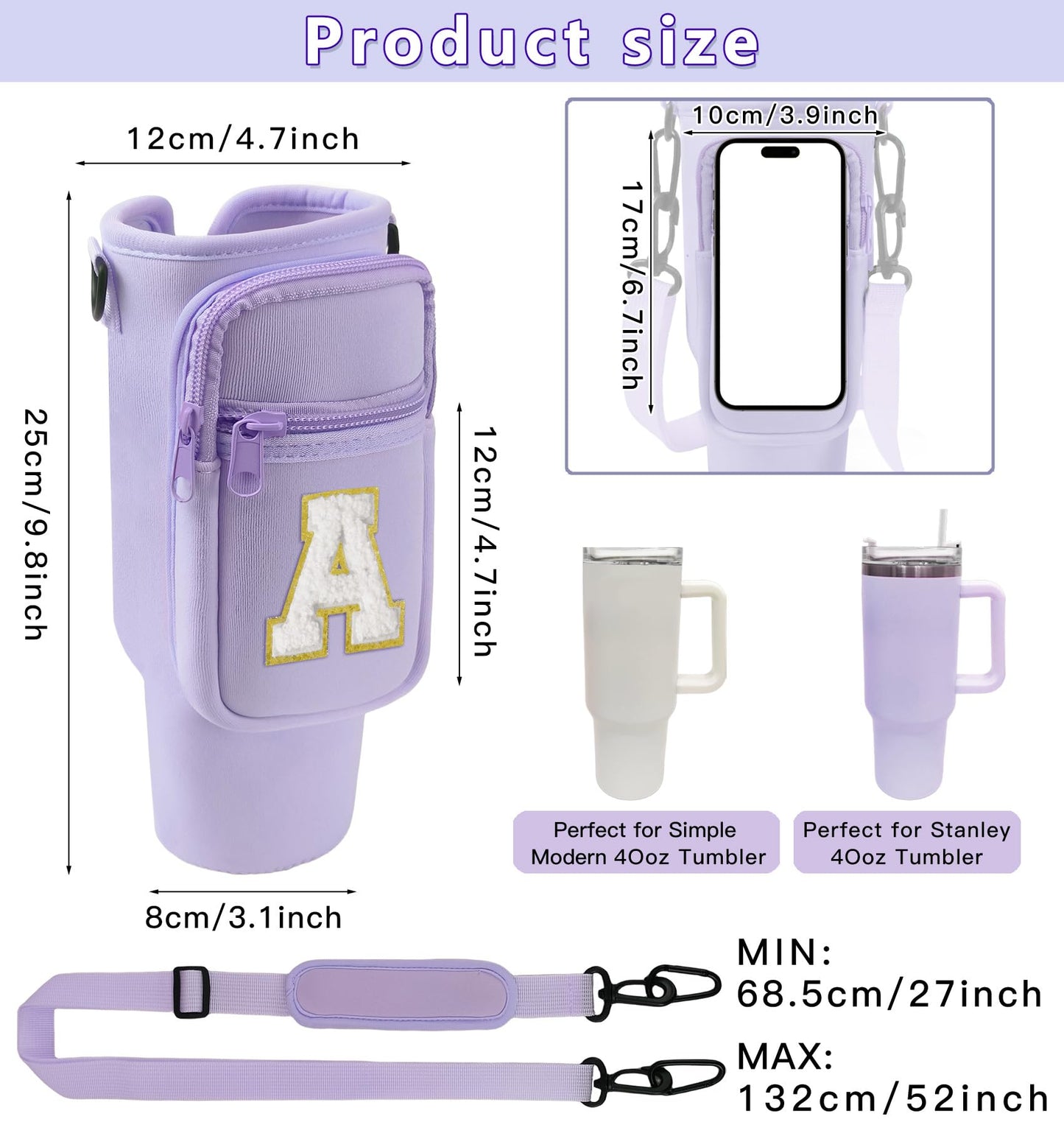 Aganmi Mom Birthday Gifts Initial Water Bottle Carrier Bag with Phone Pocket for Stanley Cup 40 Oz Accessories Water Bottle Holder with Strap Mothers Day Thank You Gift for Women Mom Grandma Purple S