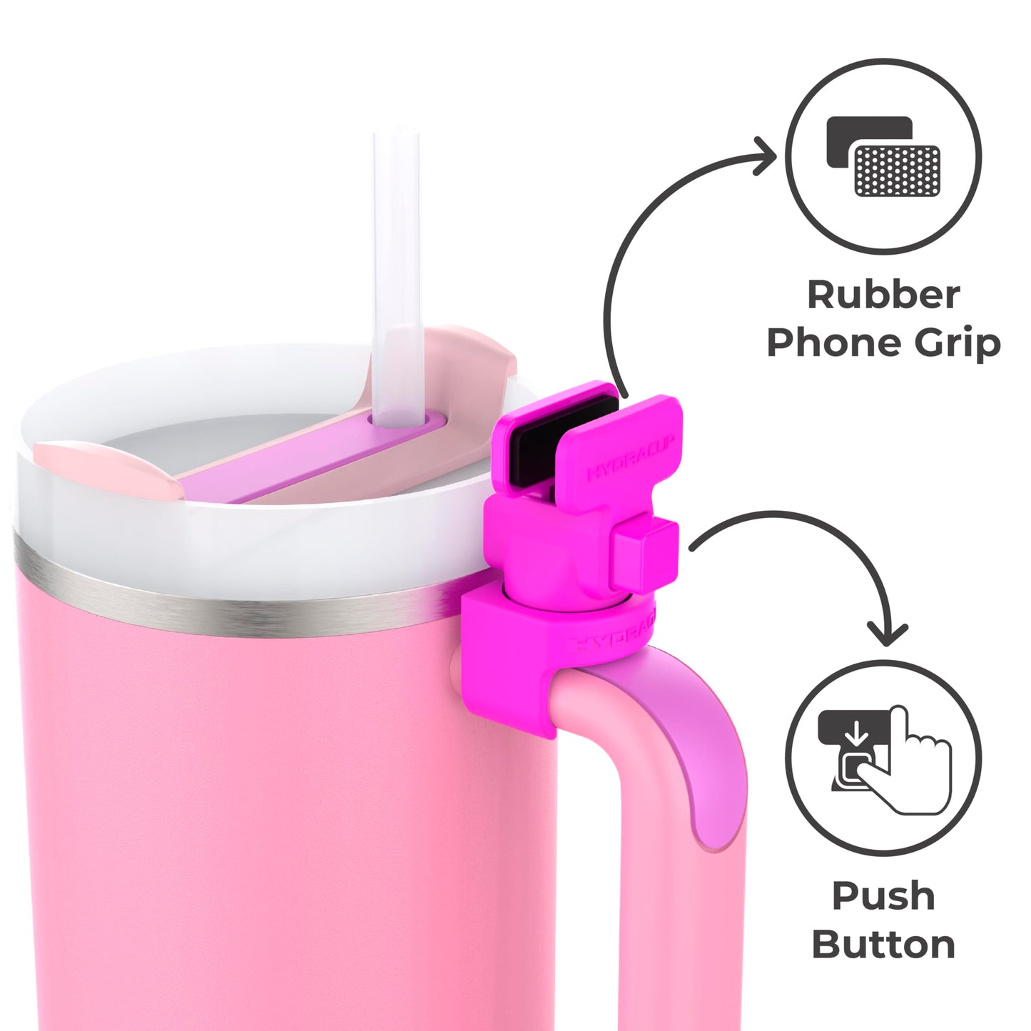 HydraClip Phone Attachment - Watch, Carry, Record, & Stay Organized, Use as Phone Stand or Tripod, Hands Free Detachable, Stanley Cup Accessories, Spring Loaded Secure Grip (Neon Pink)