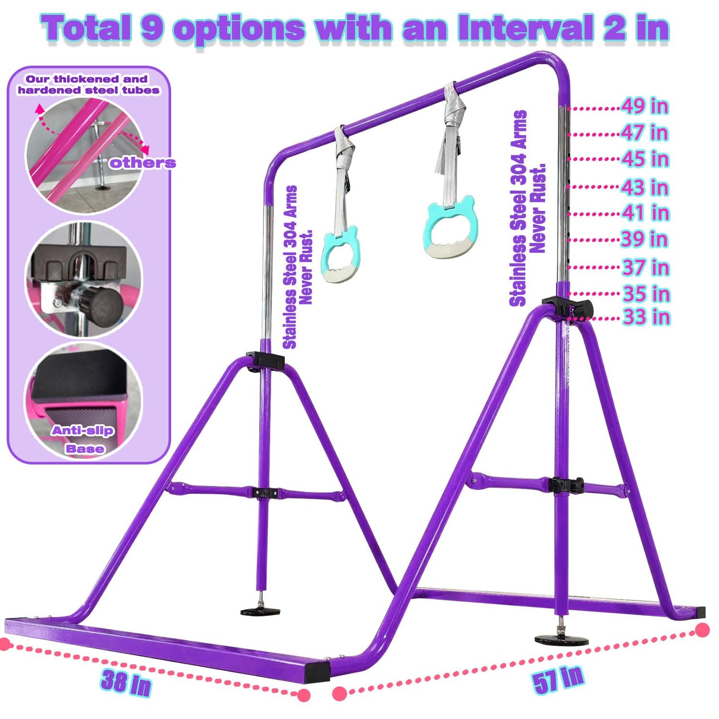 PreGymnastic Updated Folding Gymnastics Bar with Rings, Foldable Kip Bar with Sturdier Base, Gymnasitc Training Bar for Kids Ages 3-10, Gymnastic Horizontal Bars, Home Gym Equipment for Boys Girls