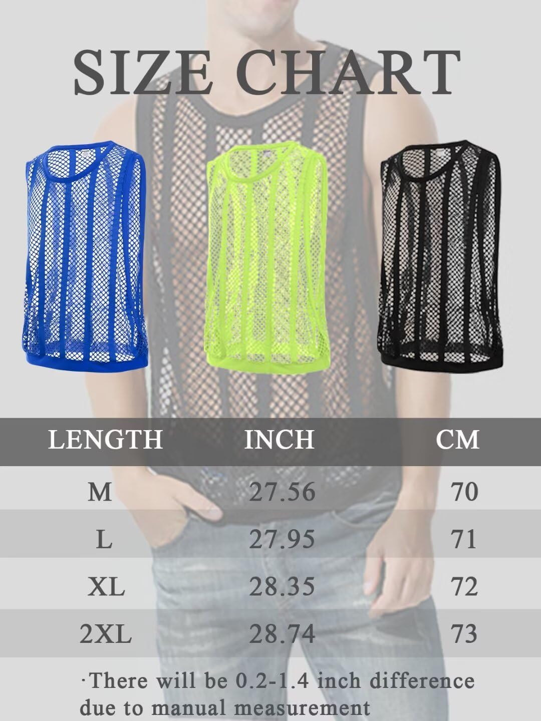 HASWECHYS Men's Mesh Fishnet Fitted Sleeveless Muscle Top Black Green M