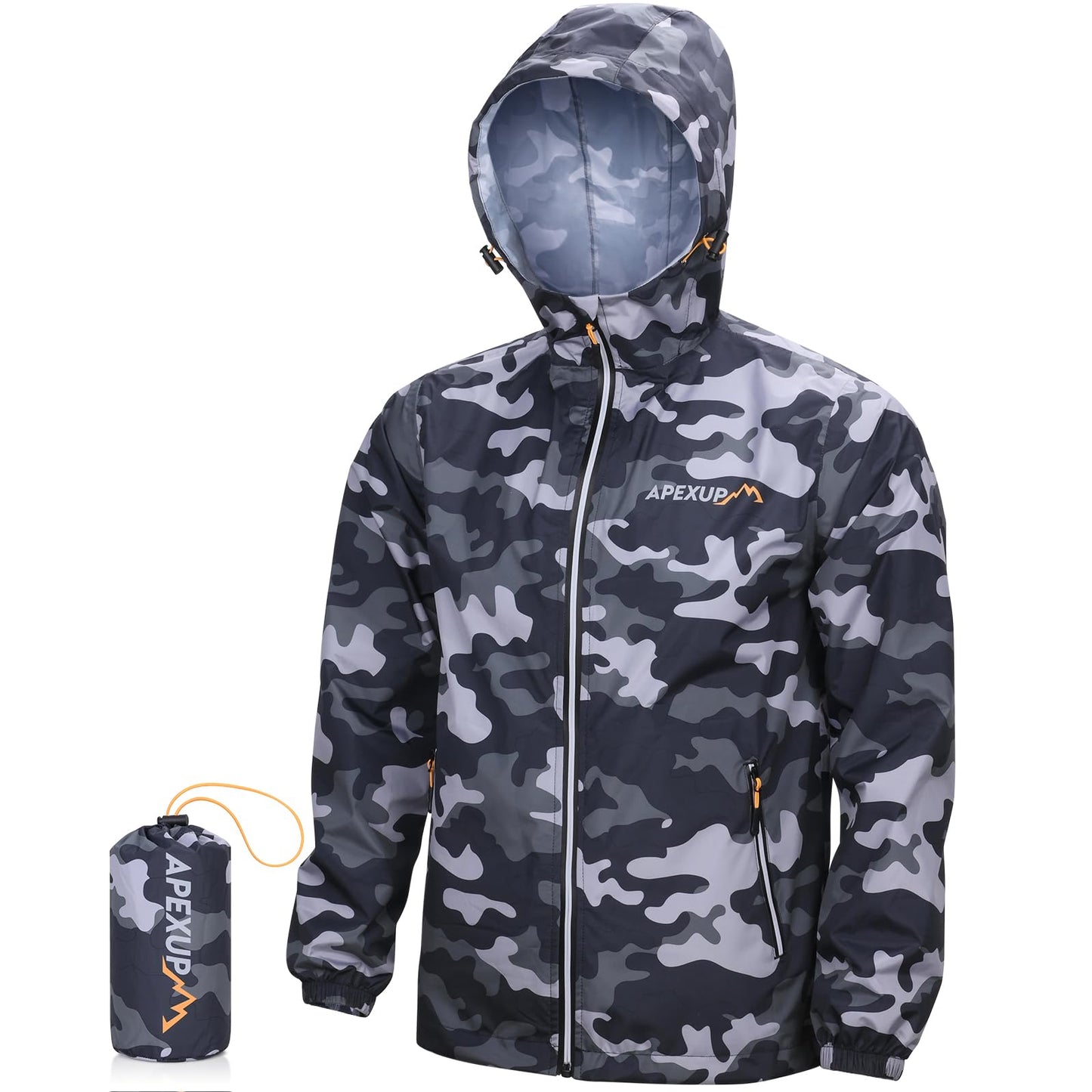 APEXUP Packable Rain Jacket Men with Reflective Zipper, Lightweight Waterproof Jacket Windbreaker Hooded Raincoat, Mens Rain Jackets for Outdoor, Running, Hiking, Travel, Cycling (Camo, 2XL)