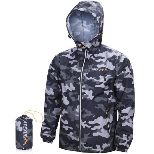 APEXUP Packable Rain Jacket Men with Reflective Zipper, Lightweight Waterproof Jacket Windbreaker Hooded Raincoat, Mens Rain Jackets for Outdoor, Running, Hiking, Travel, Cycling (Camo, 2XL)