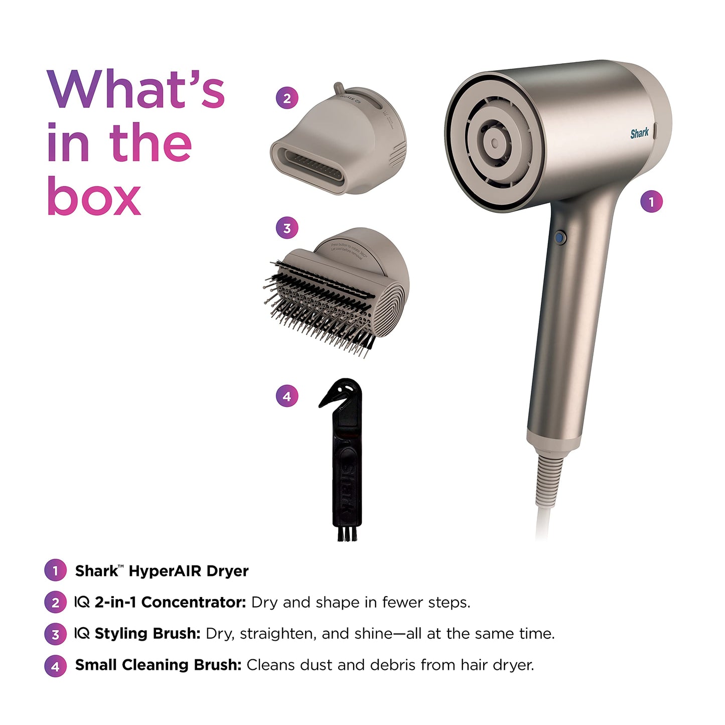 Shark HD112BRN Hair Blow Dryer HyperAIR Ionic Hair Dryer with 2-in-1 Concentrator and Styling Attachments, Auto Presets, Rotatable Hot Air Brush, No Heat Damage, Ionic, Stone