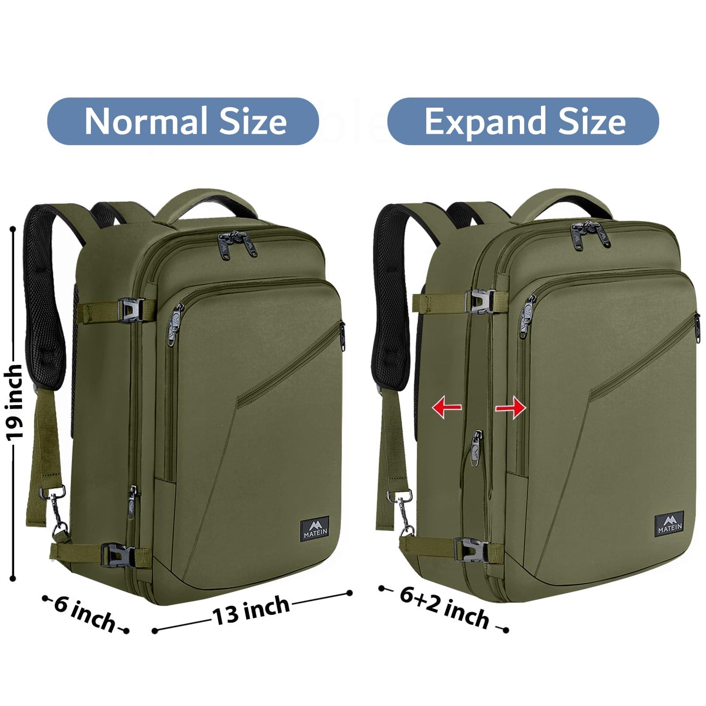 MATEIN Expandable Air Travel Backpack, Light Weight Carry on Backpack with Trolley Sleeve, Water Resistant Daypack Hiking Backpack, Gifts for Men who Like to Travel, Dark Green