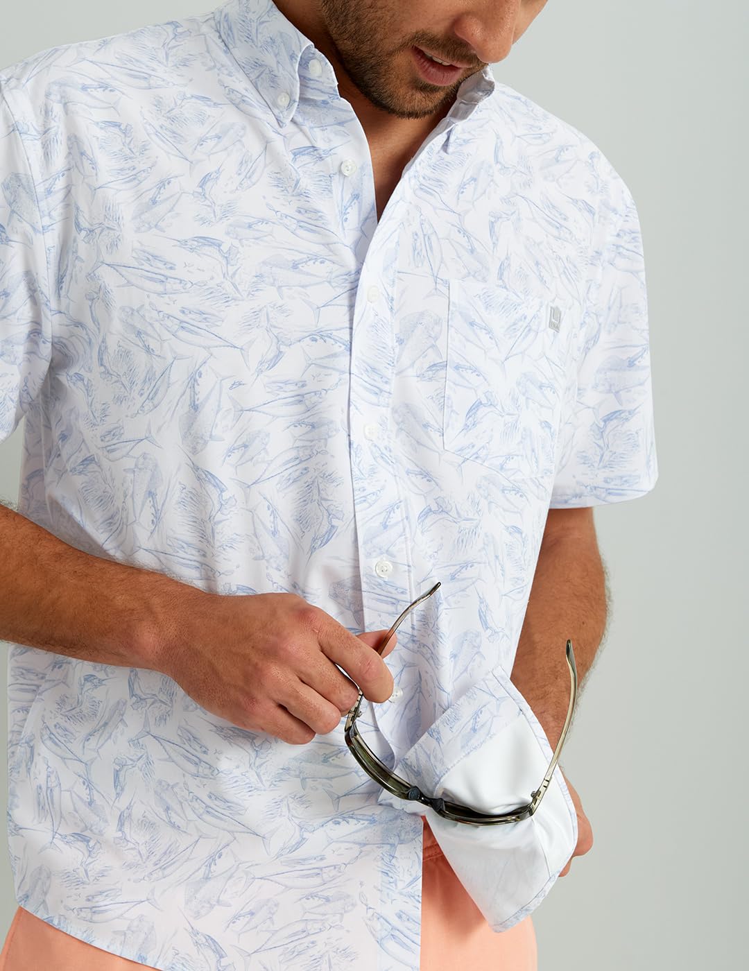 HUK Mens Kc Scott Patterned Kona Shirt, Performance Button Down, Fish Chaos - White, 3X-Large US