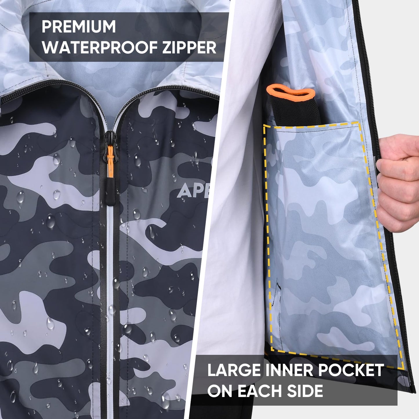 APEXUP Packable Rain Jacket Men with Reflective Zipper, Lightweight Waterproof Jacket Windbreaker Hooded Raincoat, Mens Rain Jackets for Outdoor, Running, Hiking, Travel, Cycling (Camo, 2XL)