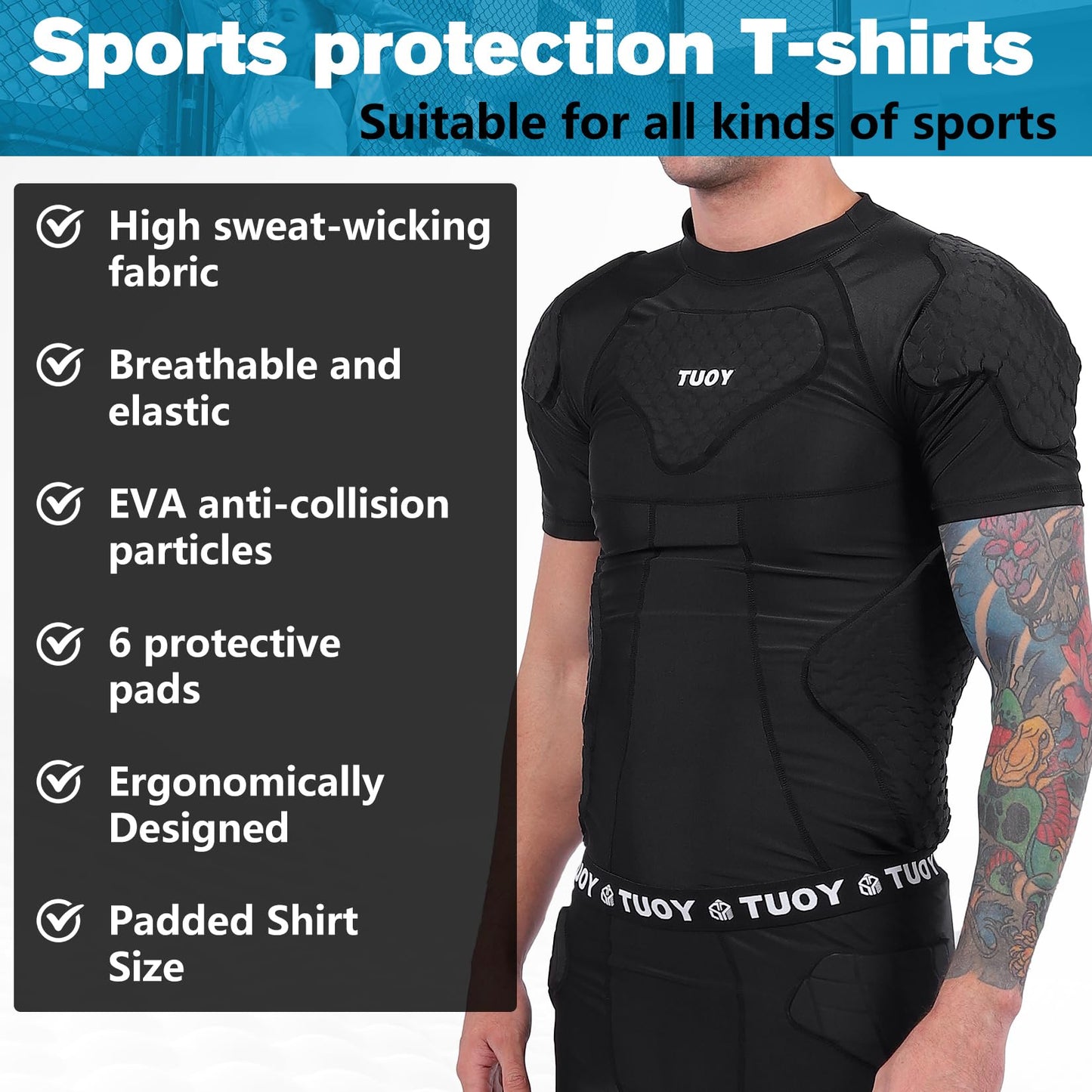 Dialudon Men's Padded Compression Shirt Football Rib Protectors for Baseball Football Basketball Paintball Protective Gear Black