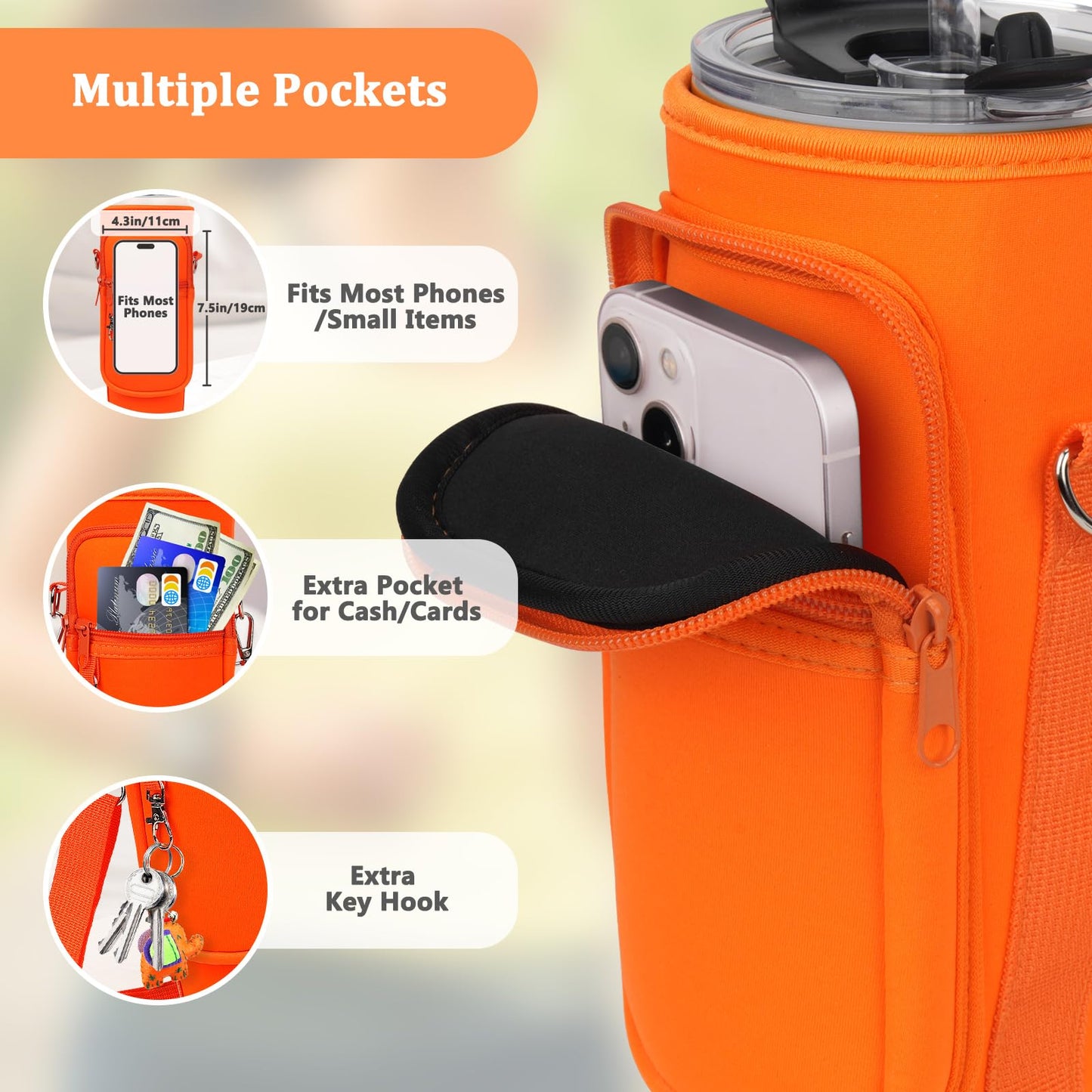 Water Bottle Carrier Bag with Phone Pocket Compatible with Stanley/Meoky 40 oz Tumbler with Handle,Neoprene Water Bottle Holder Pouch with Adjustable Strap Compatible with Stanley Cup Accessories