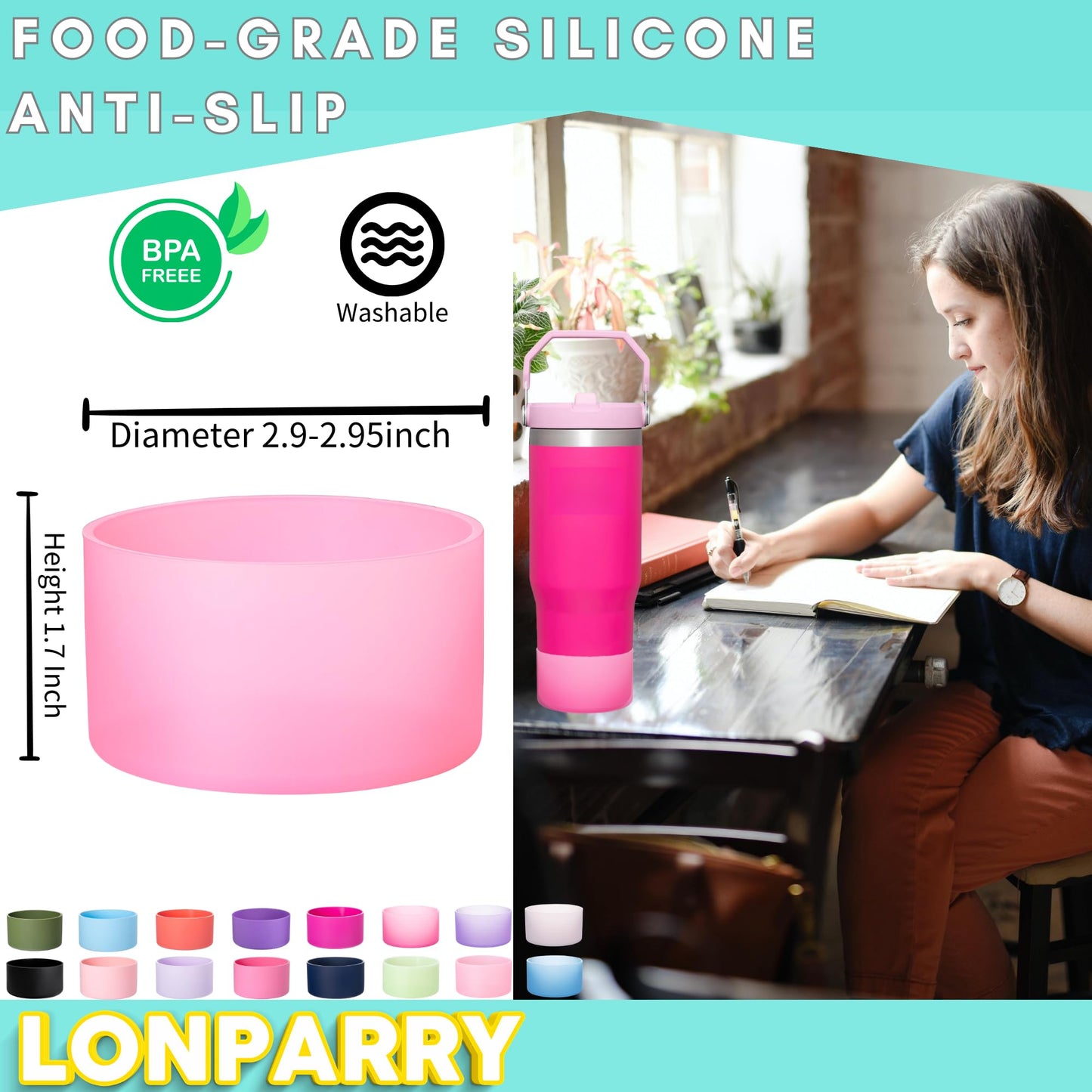 LONPARRY 4-Pack Silicone Boot for Stanley Cup Quencher IceFlow Rubber Bottom Sleeve Protector for Stanley Tumbler HydroFlask Car Travel Cup Bottle Bottom (Clear+Smoky Pink+Clear Peach+Clear Pink)