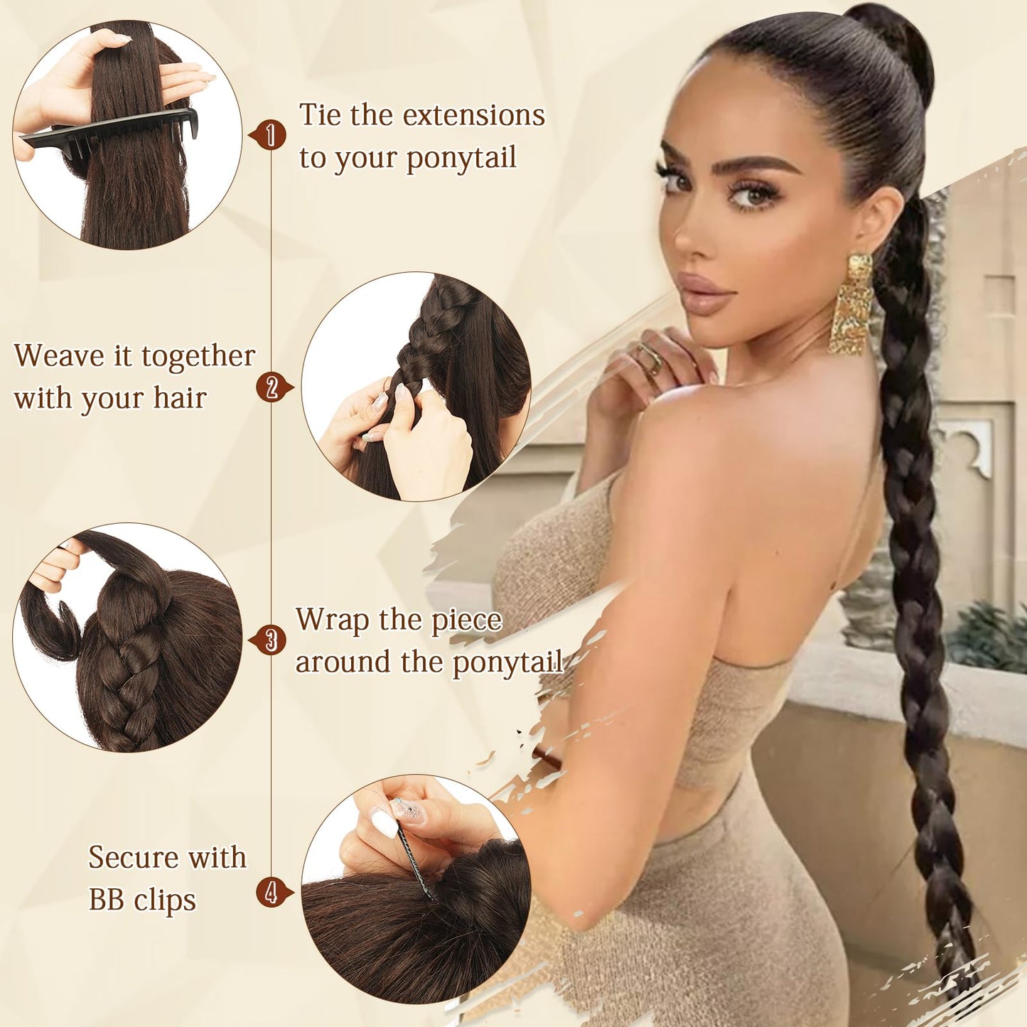 SOFEIYAN Long Braid Ponytail Extension with Hair Tie Straight Sleek Wrap Around Hair Extensions Braid Pony Tail Fluffy Natural Soft Synthetic Hairpieces for Women Daily Wear, 26 inch-Black Brown