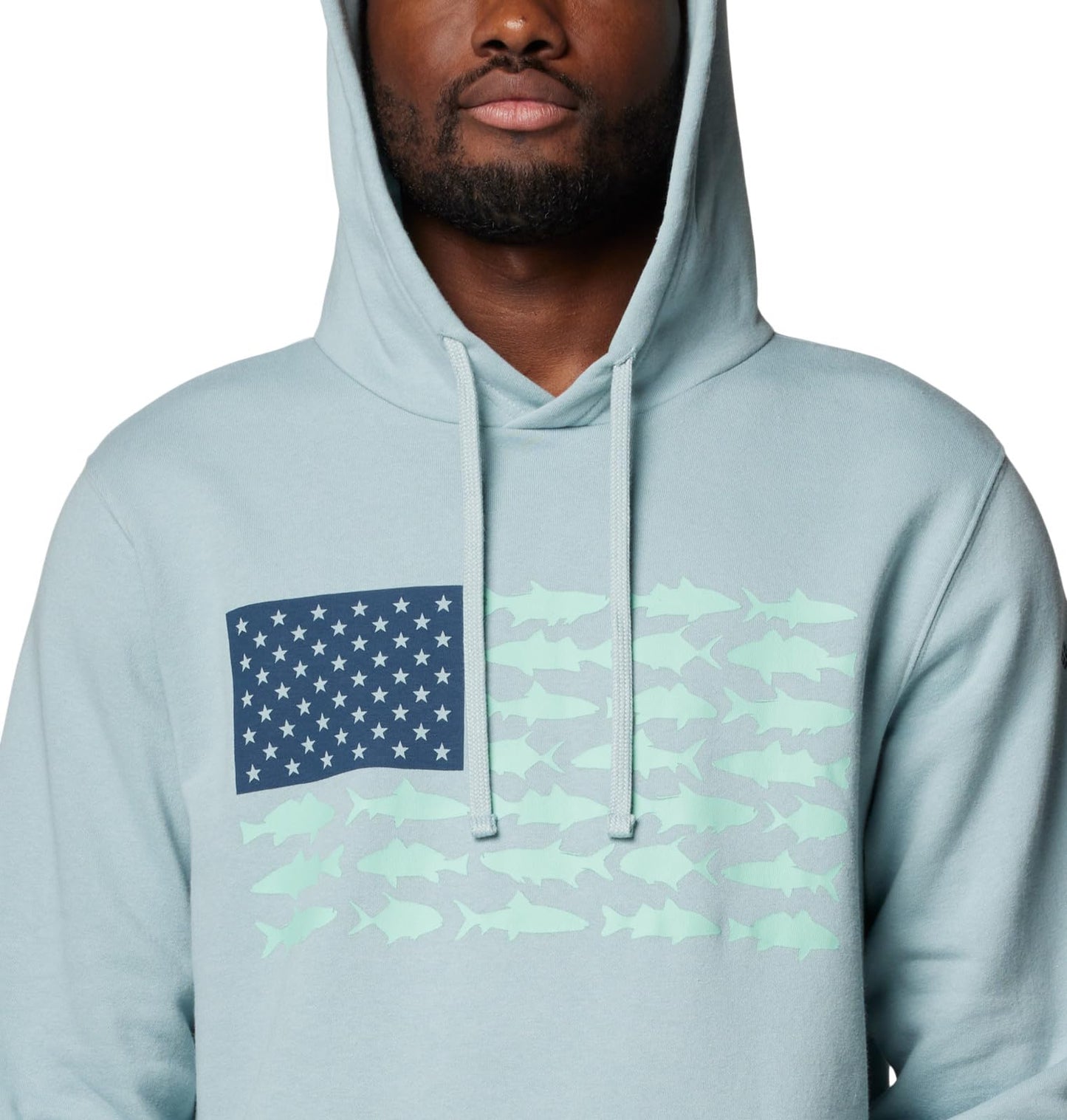 Columbia Men's PFG Fish Flag II Hoodie, Crushed Blue/Mint Cay Inshore Slam, Large