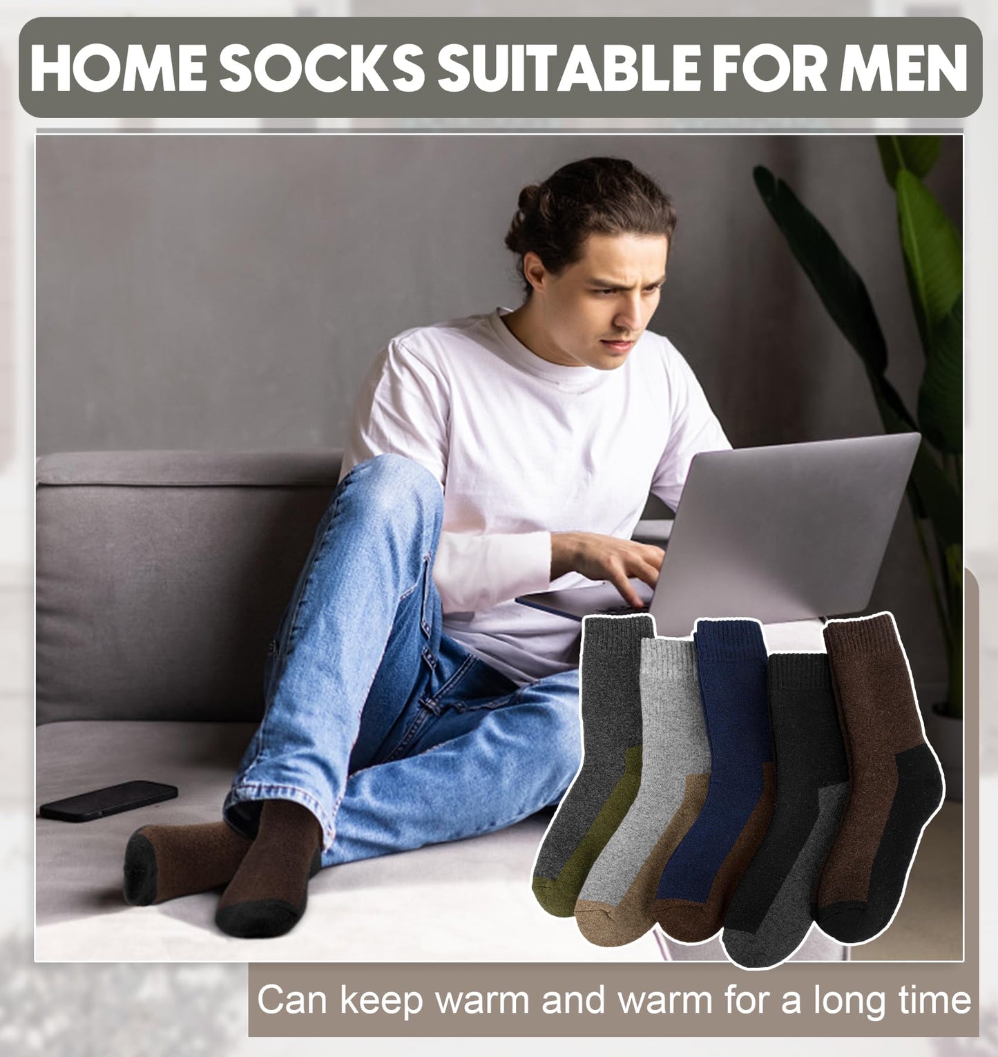 YSense Merino Wool Socks Mens Hiking Thermal Socks Winter Warm Socks Cozy Crew Thick Cushion Socks 5 Pairs