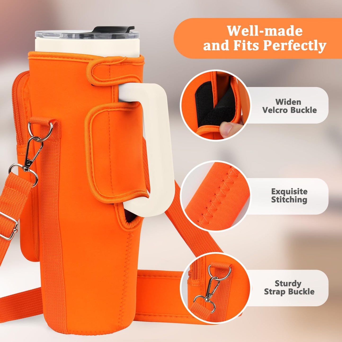 Water Bottle Carrier Bag with Phone Pocket Compatible with Stanley/Meoky 40 oz Tumbler with Handle,Neoprene Water Bottle Holder Pouch with Adjustable Strap Compatible with Stanley Cup Accessories