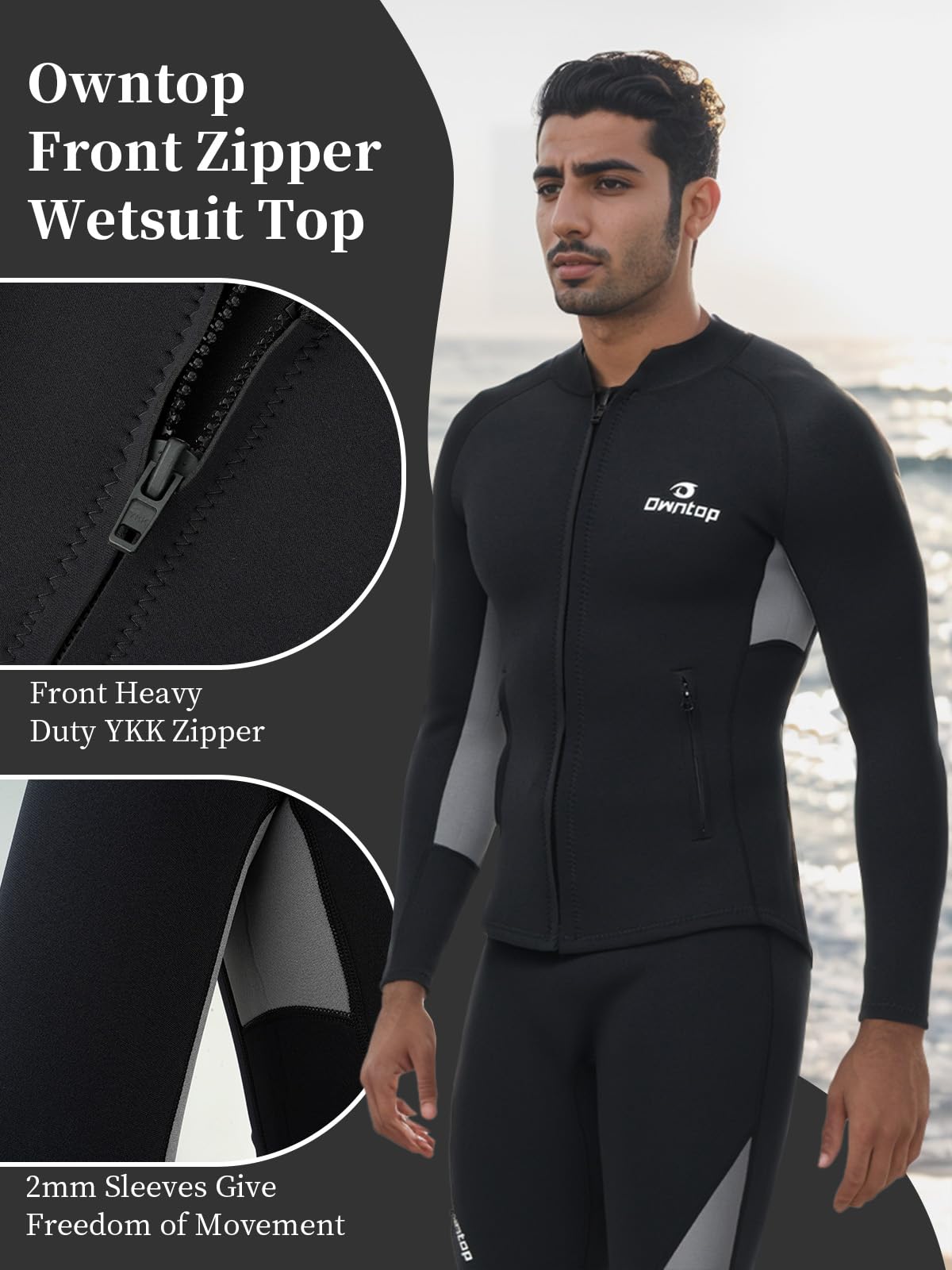Owntop Wetsuit Top Mens, 2MM Neoprene Long Sleeves Wetsuit Jacket, Zipper Pockets, Comfort Keep Warm for Surfing, Diving, Swimming (Men's Gray, 2XL)