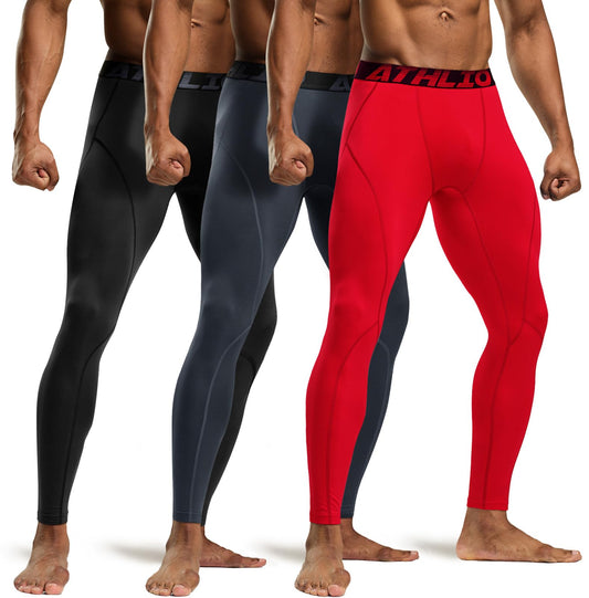 ATHLIO Men's Thermal Compression Pants, Athletic Running Tights & Sports Leggings, Wintergear Base Layer Bottoms, 3pack Thermal Pants Black/Charcoal/Red, Large