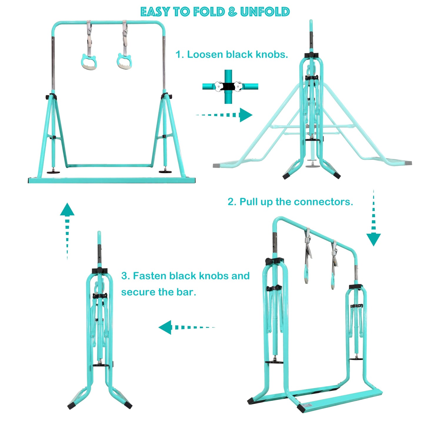 PreGymnastic Updated Folding Gymnastics Bar with Rings, Foldable Kip Bar with Sturdier Base, Gymnasitc Training Bar for Kids Ages 3-10, Gymnastic Horizontal Bars, Home Gym Equipment for Boys Girls