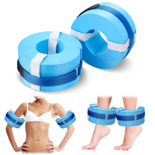 RoundFunny 2 Pcs Foam Swim Aquatic Cuffs Equipment Water Aerobics Float Ring with Detachable Hook and Loop Fastener Fitness Workout Set for Swimming Fitness Training Pool Exercise (Blue)