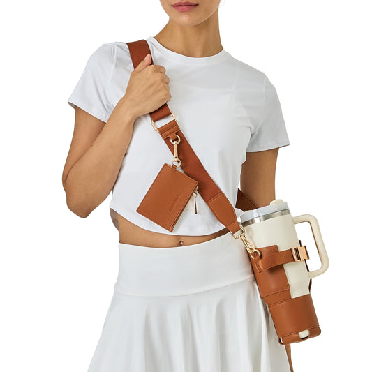 Premium Water Bottle Carrier Bag for Stanley 40oz & Simple Modern 40oz - PU Leather Water Bottle Holder with Adjustable Strap - Includes Card Holder & Keyring for Stanley Cup Accessories (Brown)
