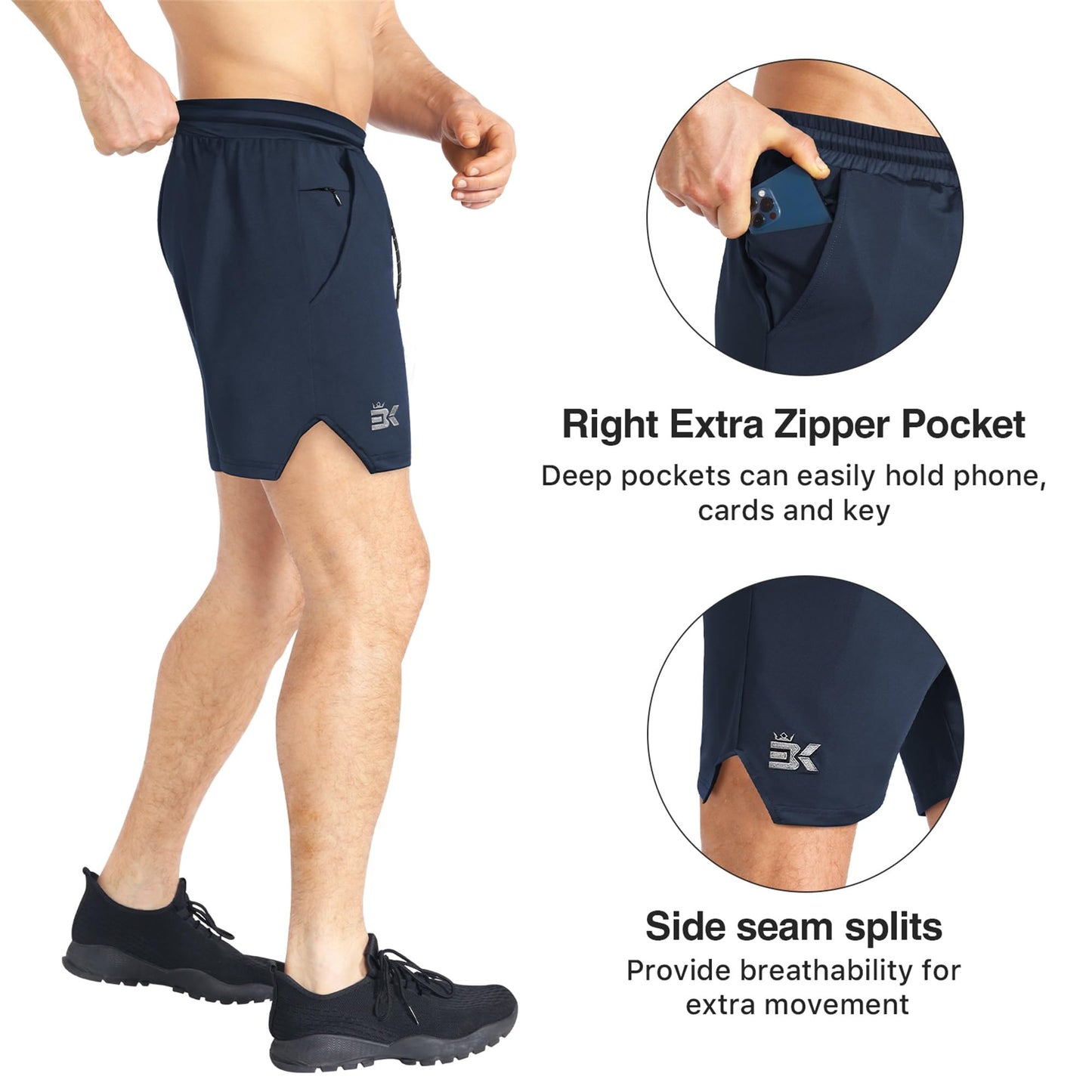 BROKIG Mens Inzip Lightweight Gym Workout Shorts, Athletic Short Shorts Fitted Lifting Shorts with Zipper Pockets(Medium,Navy Blue)