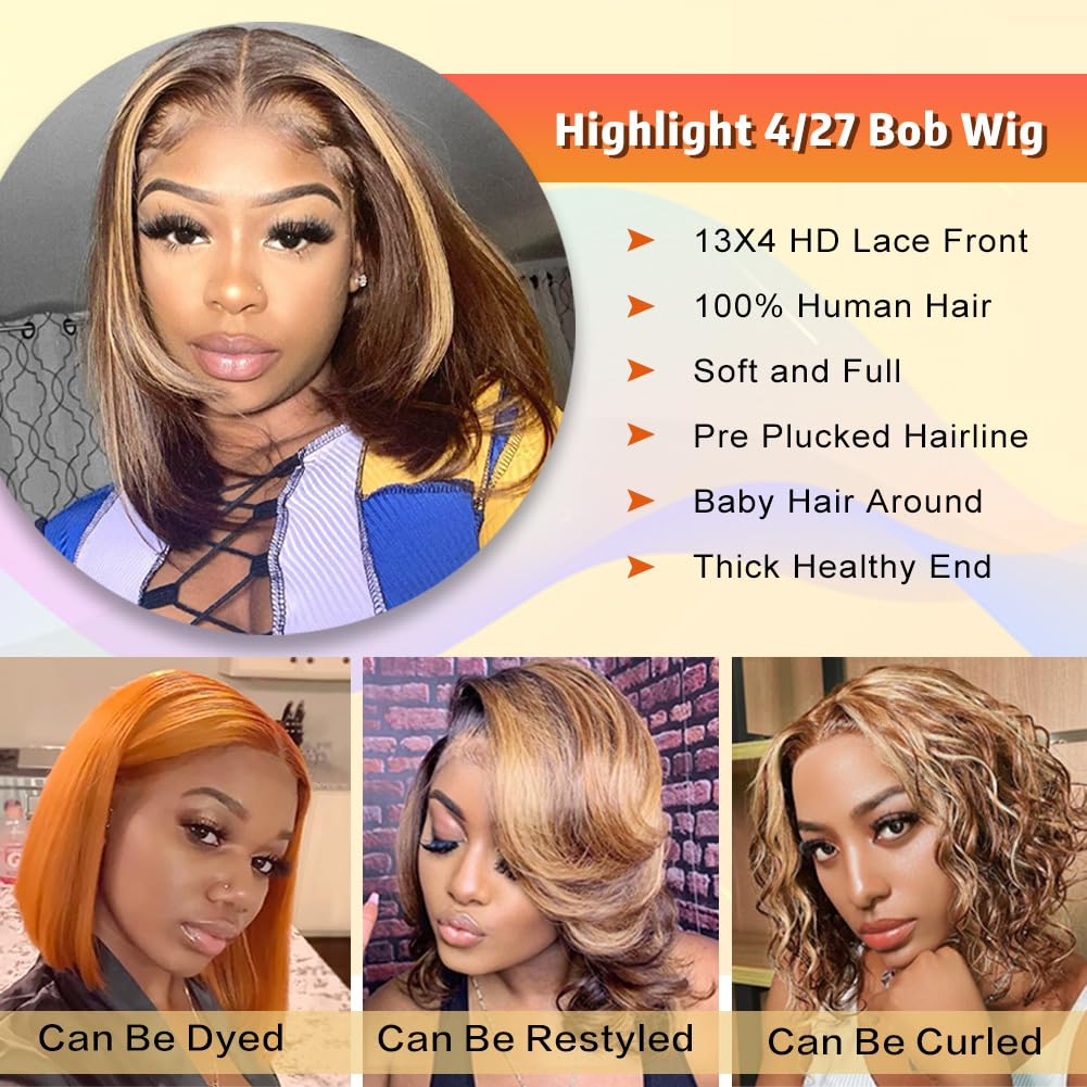 Highlight Bob Wig Human Hair 13x4 HD Lace Front Wigs Human Hair Pre Plucked Hairline Frontal Glueless Short Straight Bob Wigs for Black Women Human Hair Ombre Brown Honey Blonde P4/27 12 Inch