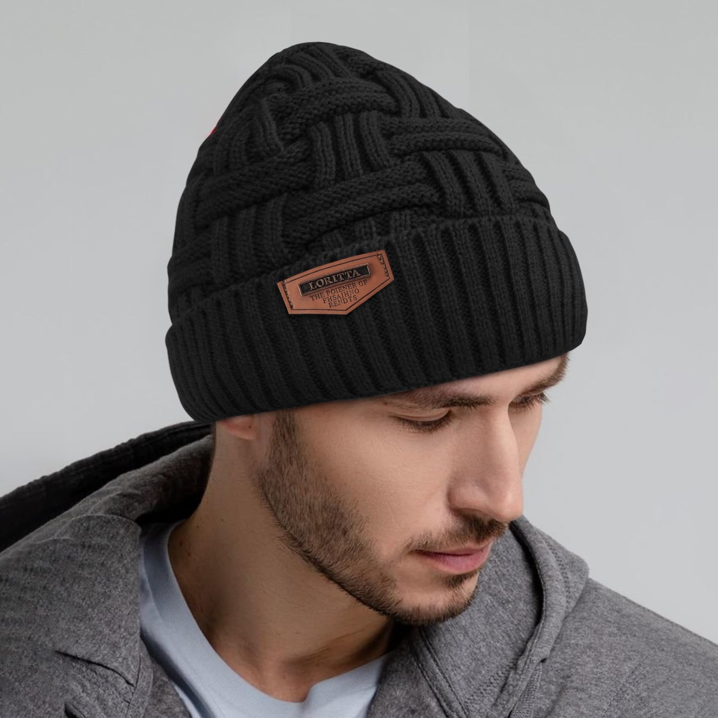 Loritta Winter Hat Warm Knitted Thick Baggy Slouchy Beanie Skull Cap for Men, C- Black+Gray with Weave, 2 Pack