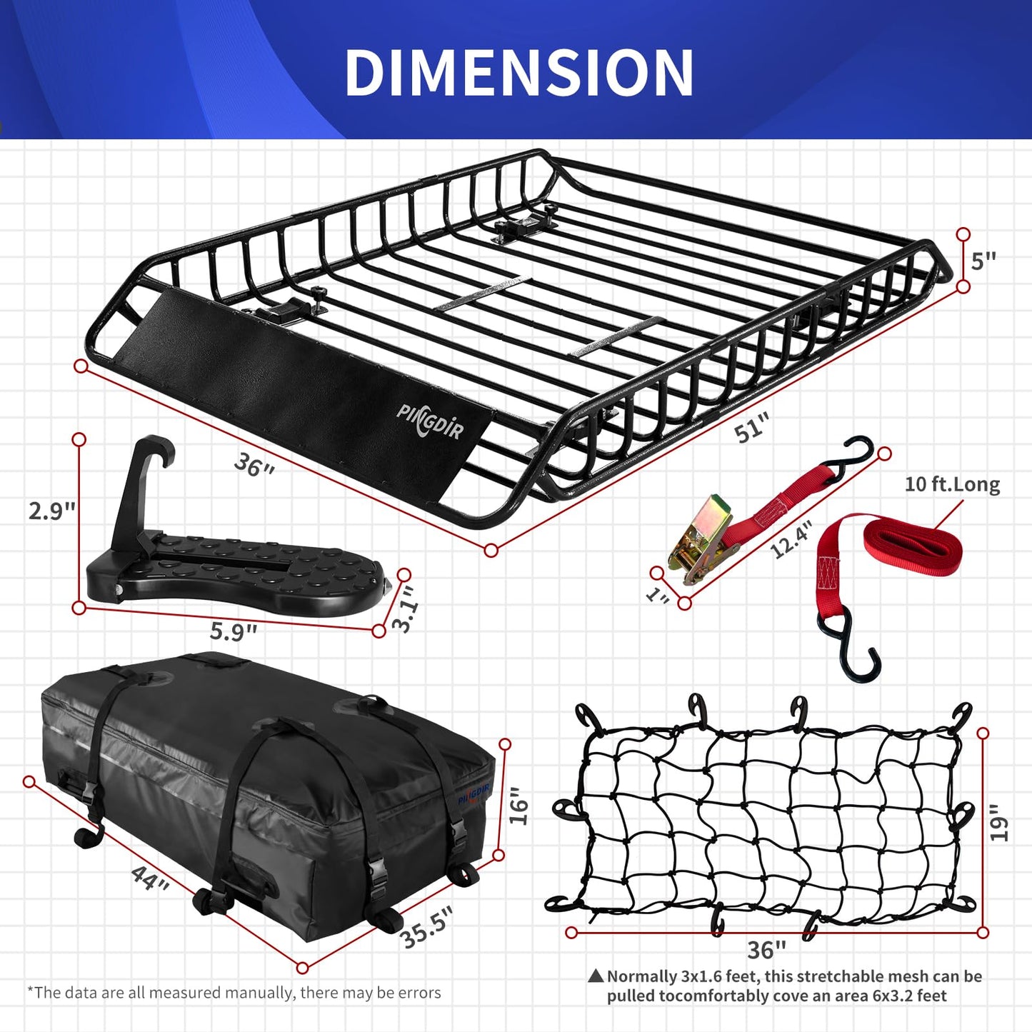 PINGDIR Roof Rack Basket 51" X 36" X 5" Rooftop Rack Cargo Carrier Universal, Waterproof Cargo Bag 44 * 35 * 16", Cargo Net with Attachment Hooks, 2 pcs Ratchet Strap,Roof Pedal