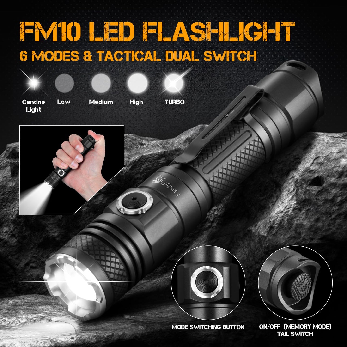 FandyFire FM10 Tactical Flashlight High Lumens with Holster,1200 Lumen Rechargeable Police EDC Flashlight with Belt Holder,Bright Zoomable LED Law Enforcement Flashlights