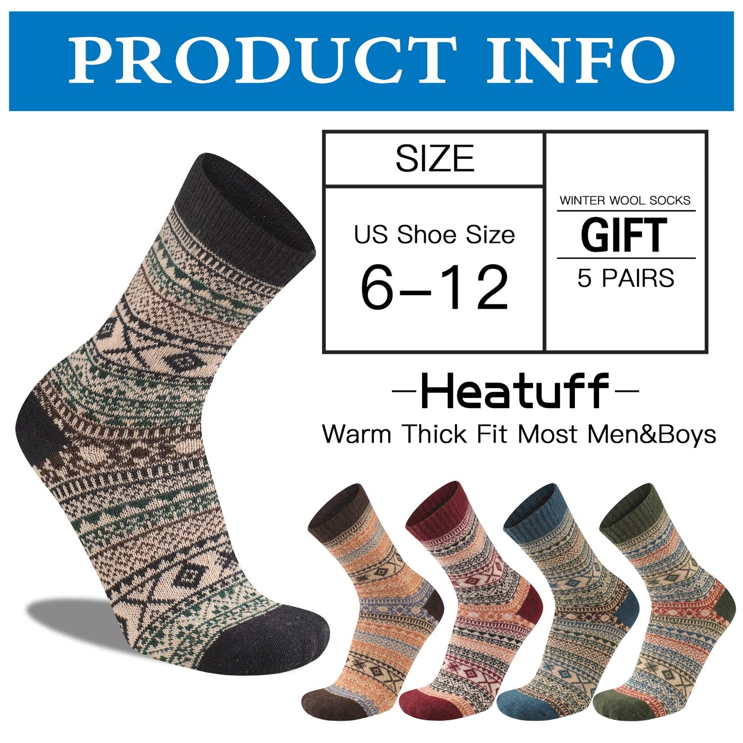 Heatuff Mens Warm Wool Socks Thermal Winter Thick Crew Pattern Socks Cold Weather 5 Pairs