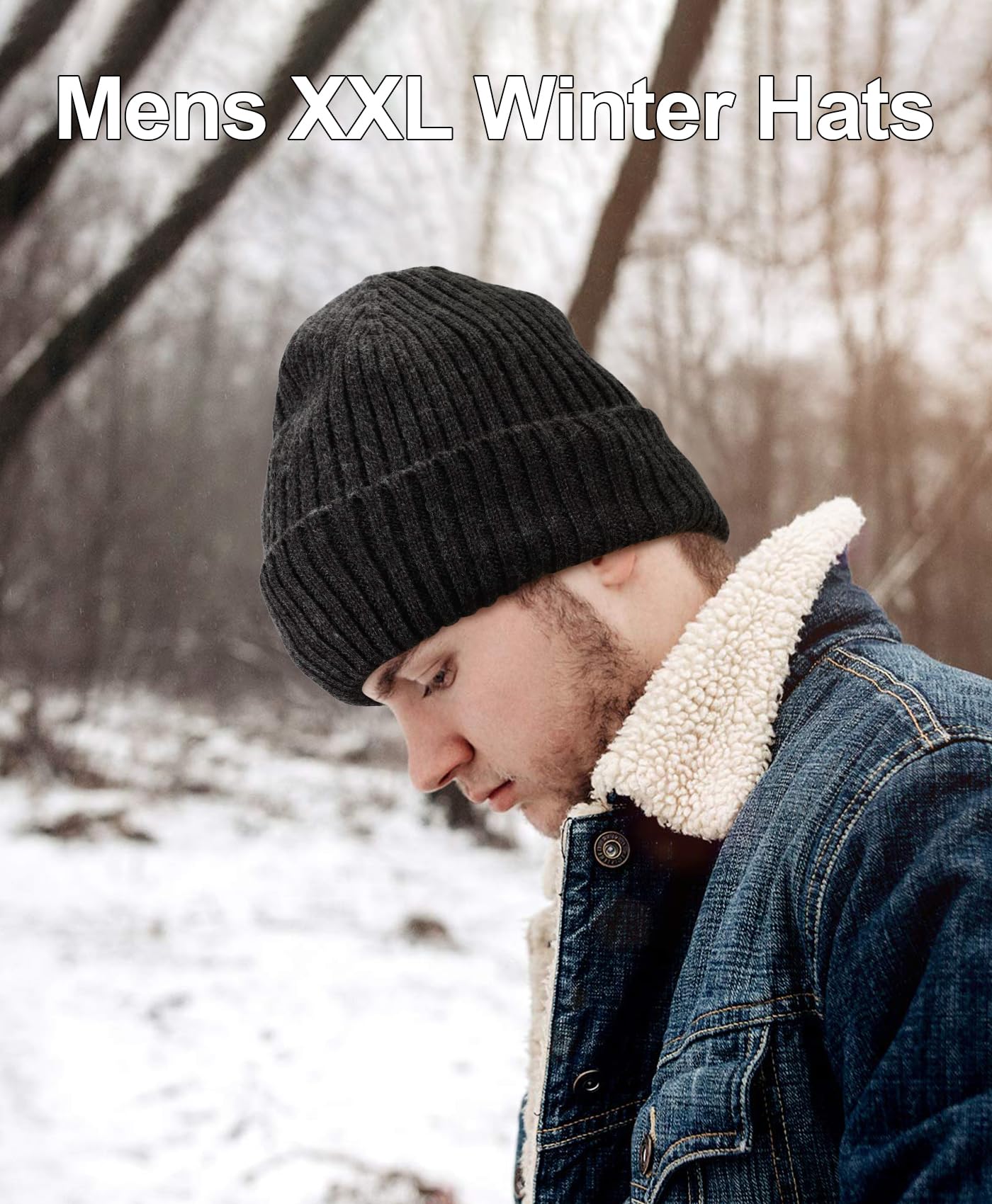 Oversize XL XXL Merino Wool Beanie for Men Big Head, Large Winter Stocking Hats, Plus Size Cuffed Beanie Skull Cap, Big Knitted Ski Hats Charcoal Grey