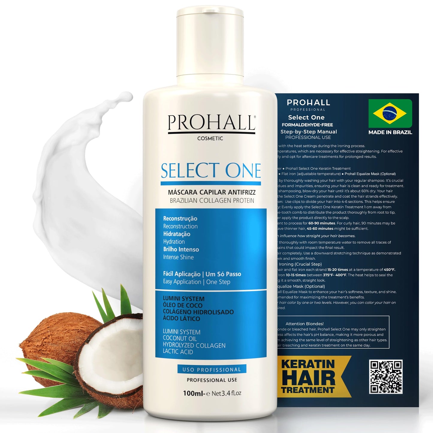 Brazilian Keratin Treatment Blowout Complex - PROHALL SELECT ONE 3.4oz/100ml - Formaldehyde Free Keratin Hair Treatment at Home - Queratina Brasileña Keratina Para Alisar el Pelo Sin Formol