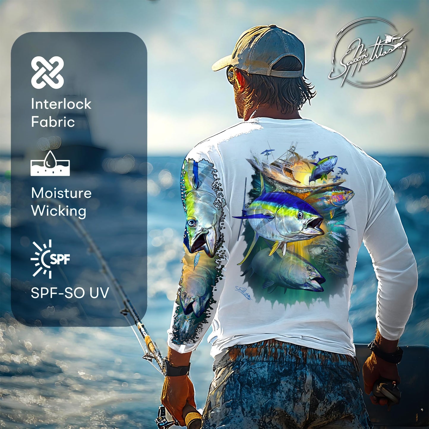 Men’s “Fishermen’s Tuna Slam” Comfortable Fishing Shirt-UPF 50+ Xtreme-Tek Interlocking Fabric, Quick-Dry, Ideal for Anglers White
