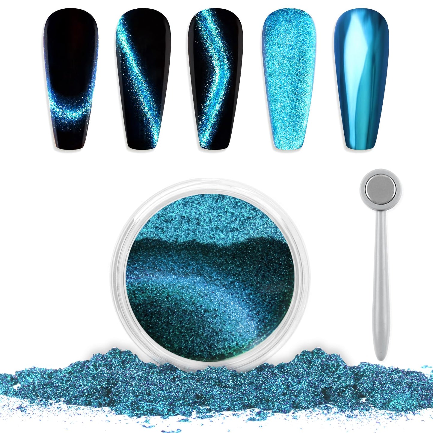 Laza Cat Eye Chrome Nail Powder - Chameleon Magnetic 9D Mirror Effect Pigment Dust - Magic Galaxy Holographic Glitter with Magnetic Stick for Velvet Nail Art - Ocean Eyes
