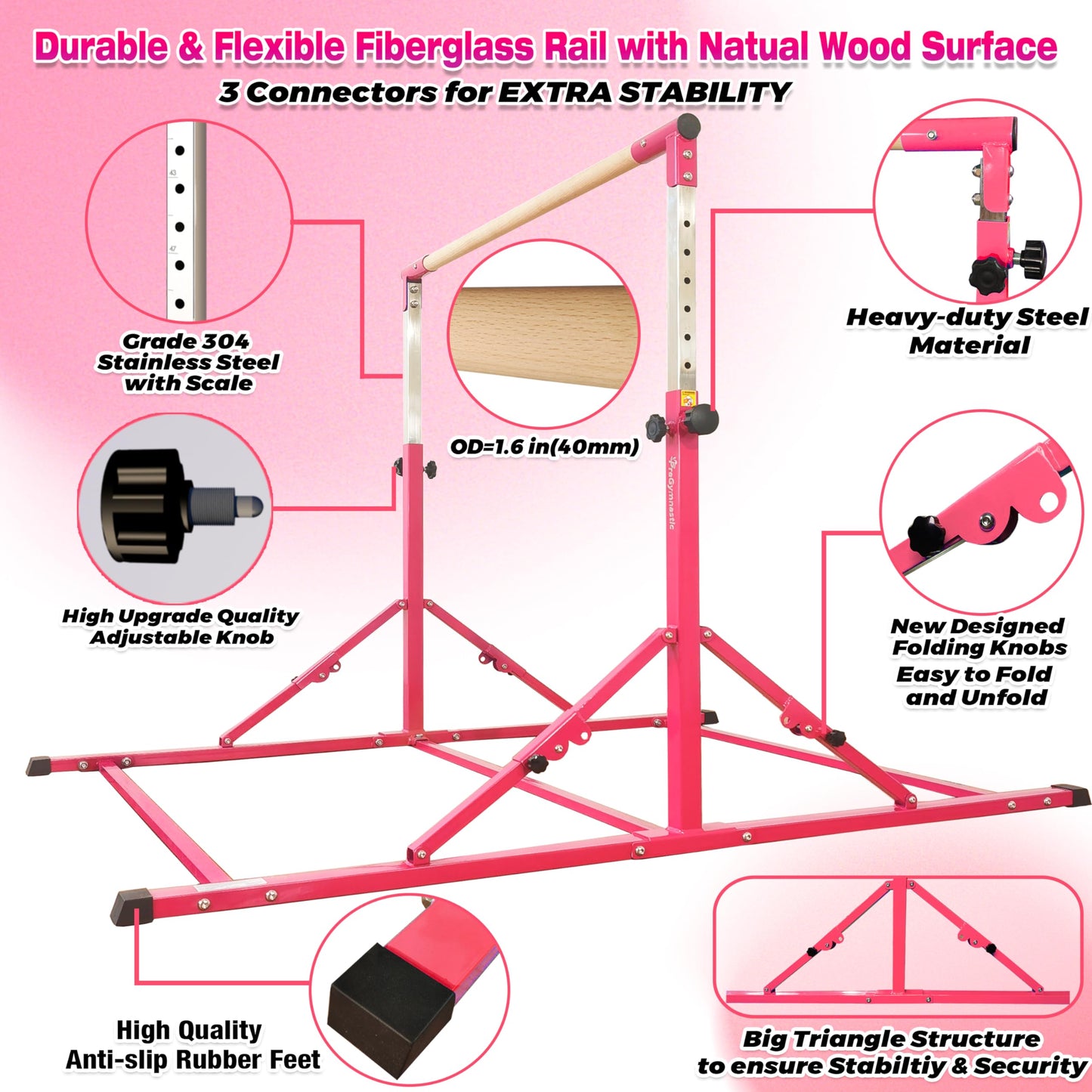 PreGymnastic Foldable Gymnastics Bar, 6FT Gymnastic Horizontal Bars, Folding Training Bar for Kids and Teenagers 3-18, Weight Limit 500 LB, Adjustable kip Bar,Children Home Gym Equipment Indoor