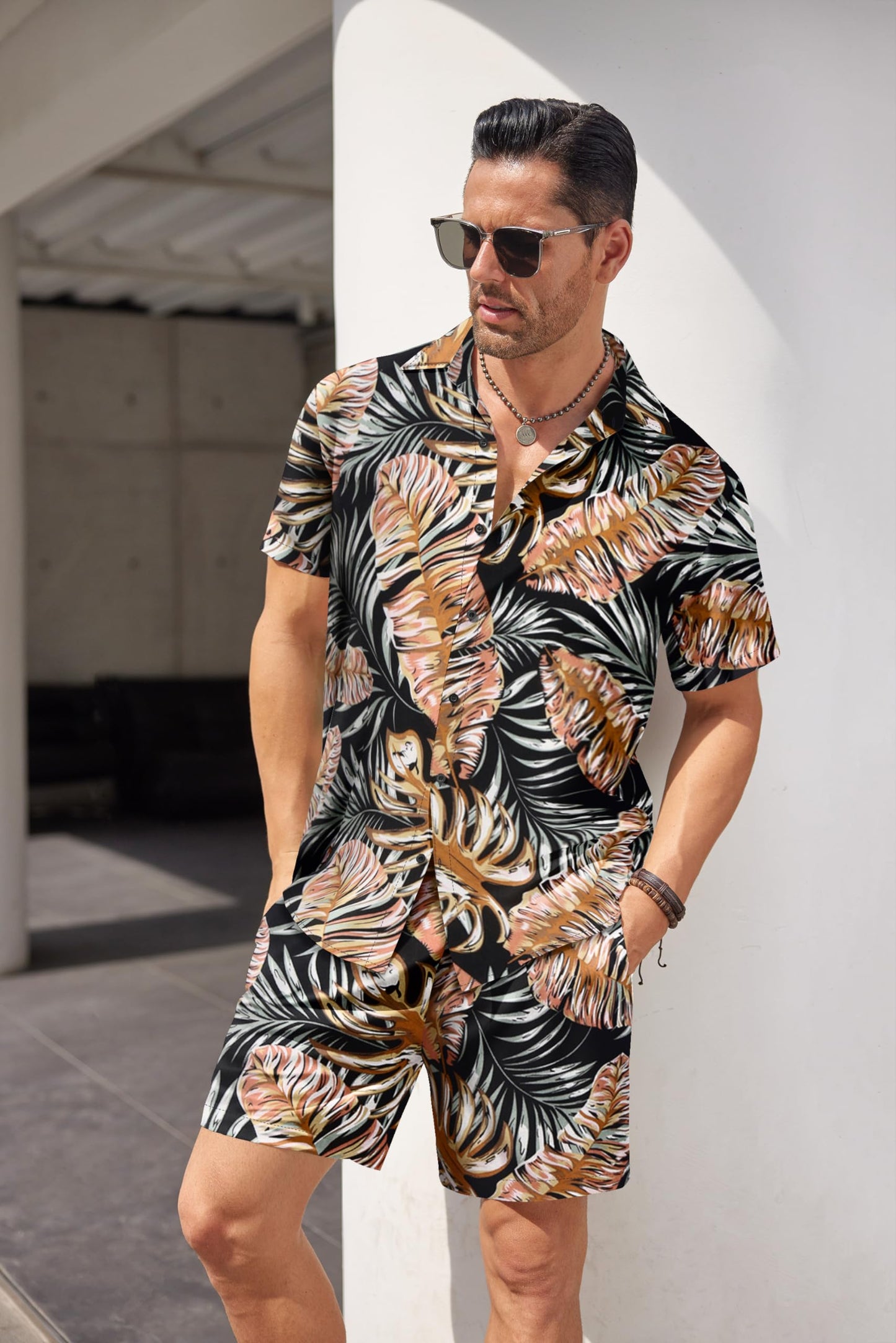 COOFANDY Men's Flower Print Button Down Beach Suit Hawaiian Shirts and Shorts with Hat