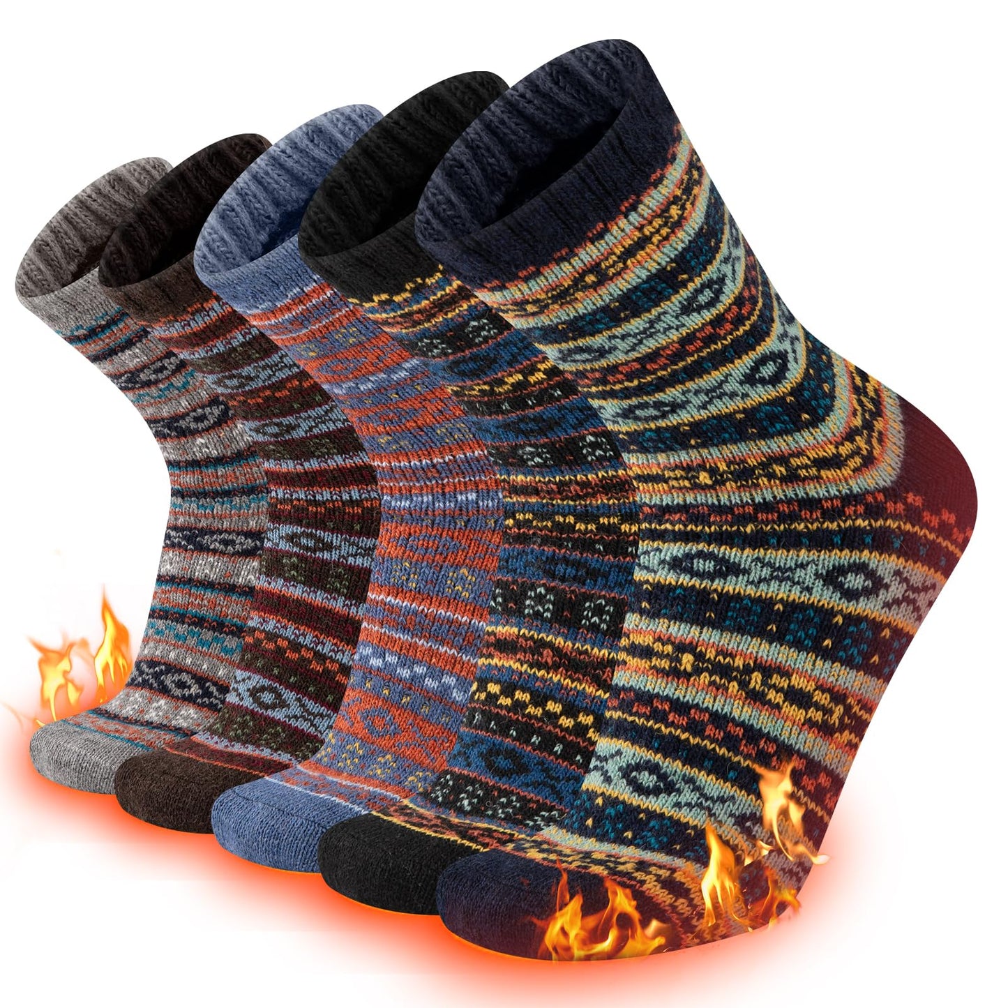 COOPLUS Warm Wool Socks Mens Winter Thermal Thick Crew Cold Weather Pattern Socks (5 Pairs)