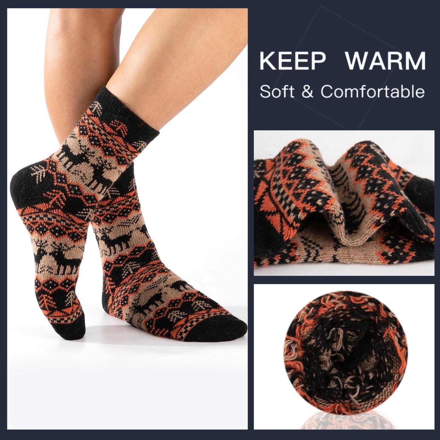 COOPLUS Wool Socks Mens Warm Winter Thermal Thick Pattern Crew Socks for Cold Weather (5 Pairs)
