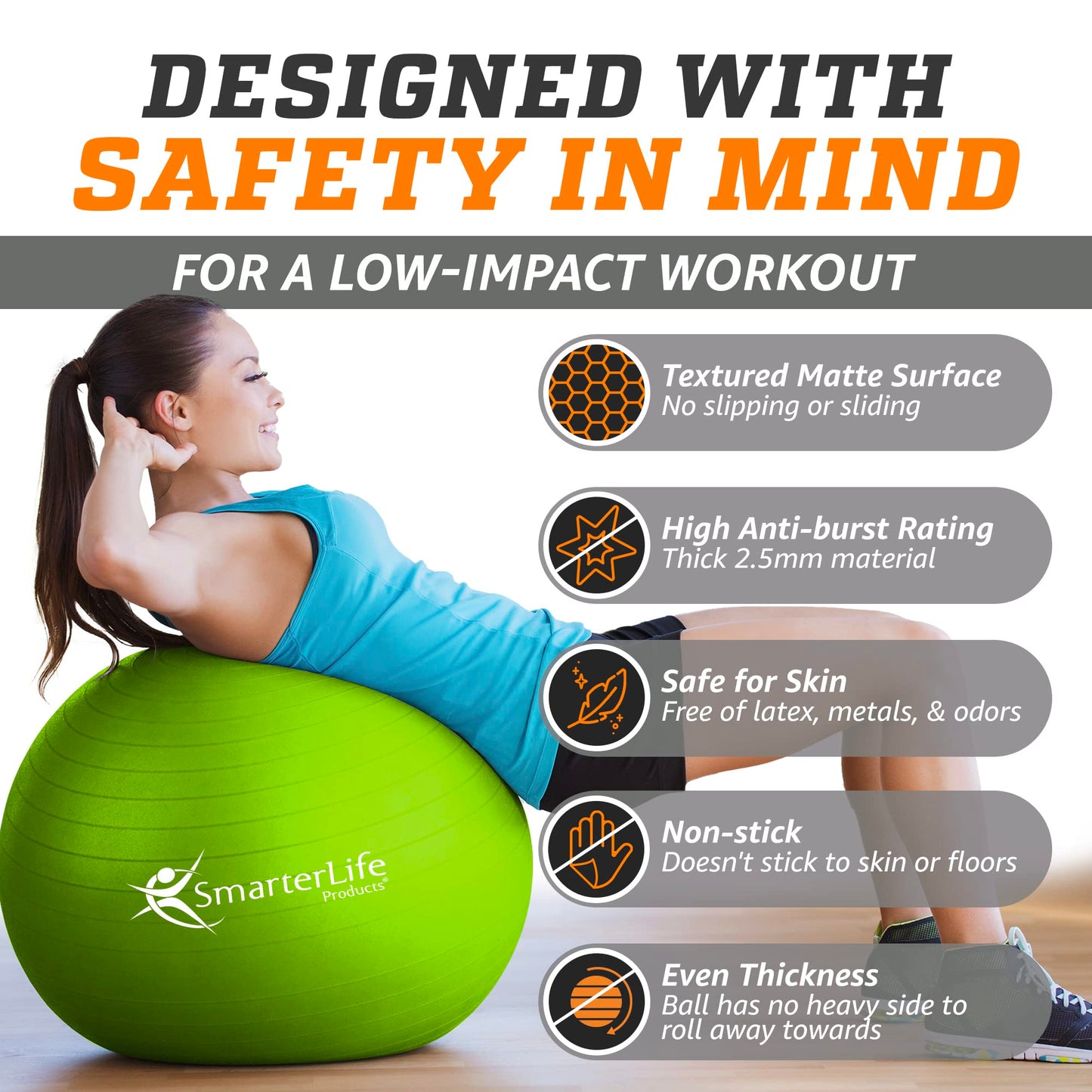 SmarterLife Workout Exercise Ball for Fitness, Yoga, Balance, Stability, or Birthing, Great as Yoga Ball Chair for Office or Exercise Gym Equipment for Home, Non-Slip Design (45 cm, Lime)