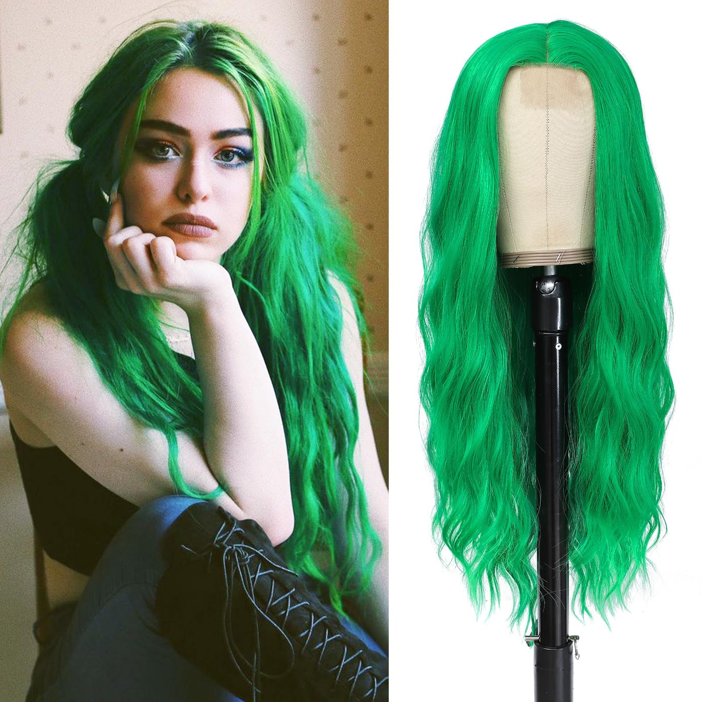YBYMCAI Green Wig - Long Green Wavy Wigs for Women Middle Part Green Wig 26 inch Natural Curly Synthetic Wig Heat Resistant Fiber Wigs for Daily Party Use