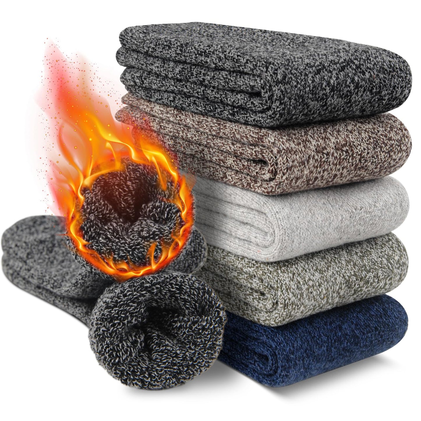 FRESBEIT Merino Wool Socks Men Winter Soft Thick Warm Socks for Men Cozy Crew Hiking Thermal Socks Size 7-13(5 Pairs)