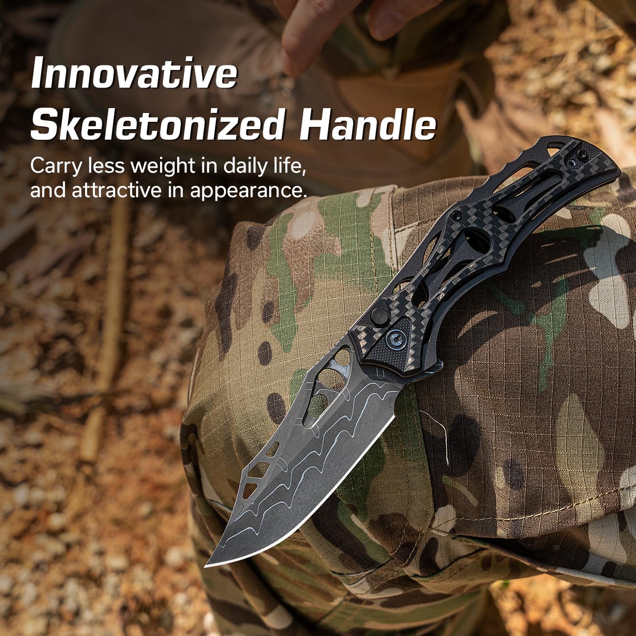 CIVIVI Pocket Knife for Men, Biophase Flipper Tactical Folding Knife, 3.48" Damascus Blade Aluminum with Carbon Fiber G-10 Handle, Lightweight Skeletonized EDC Knife for Camping Hunting, C23083C-DS1