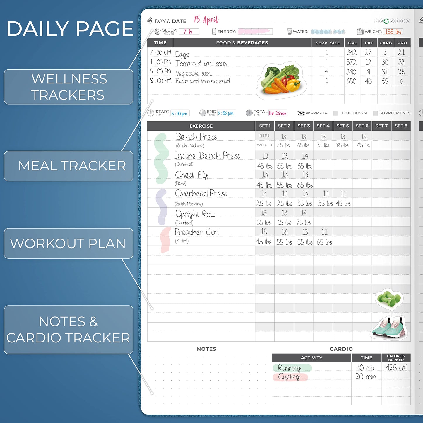 Clever Fox Fitness Journal PRO – Daily Workout Planner with Meal Planner & Habit Tracker – Gym Exercise Log Book for Women & Men – Fitness Planner Notebook – Lasts 6 Months, 7x10” - Mystic Blue