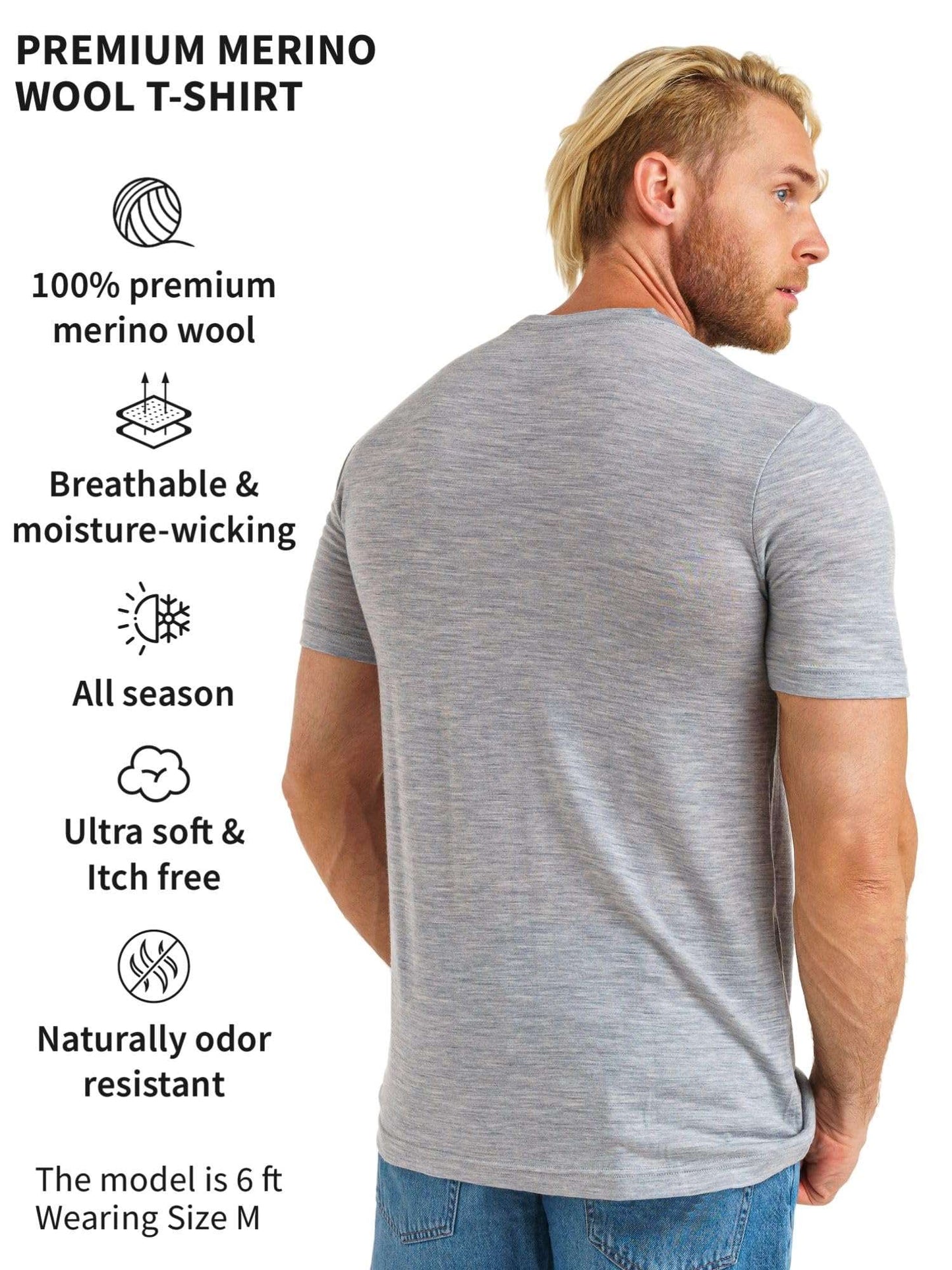 Merino.tech Merino Wool T-Shirt Mens - 100% Organic Merino Wool Undershirt Lightweight Base Layer + Hiking Wool Socks (Small, Melange Grey)