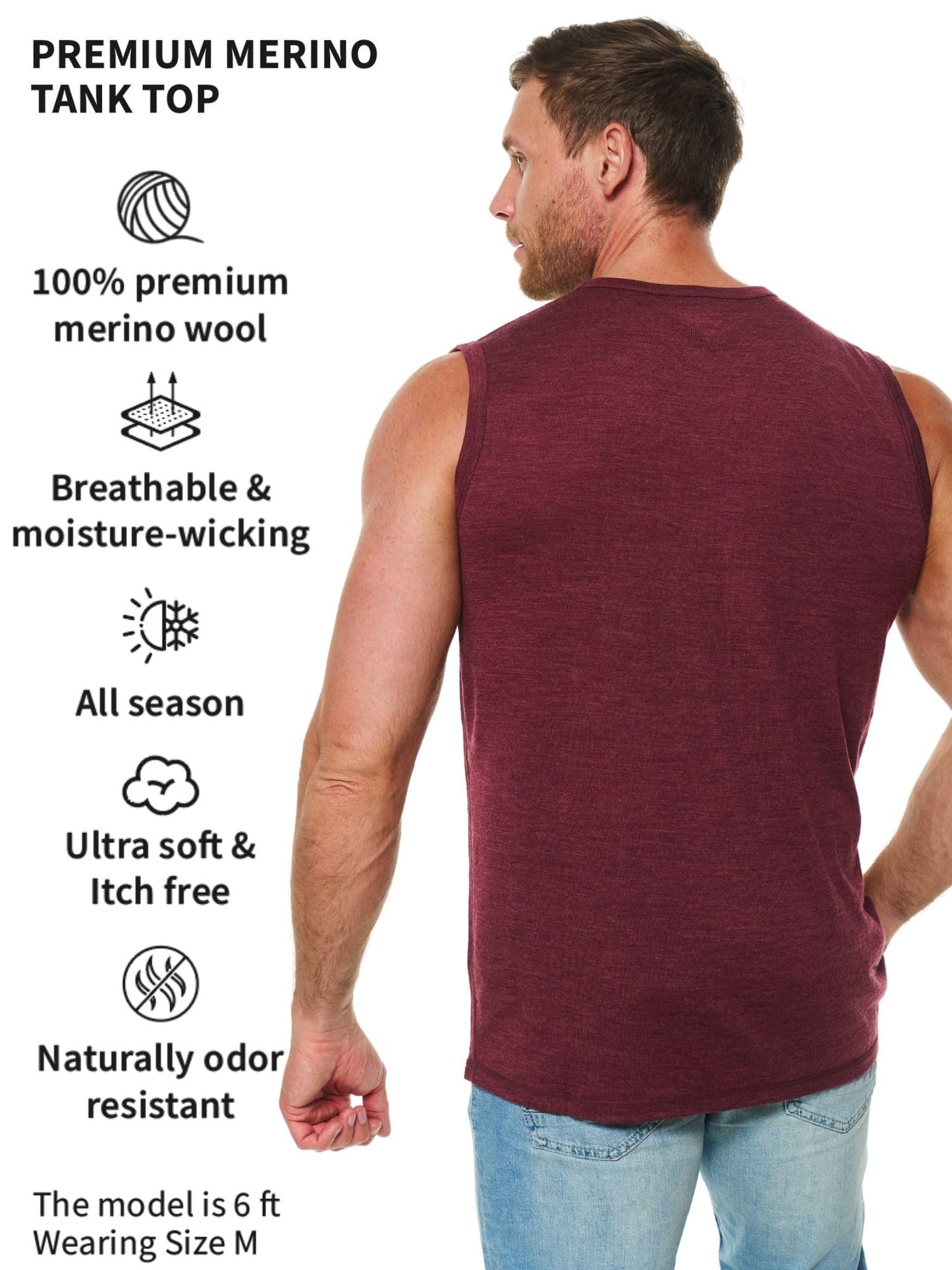 Merino Wool Tank Top Men - Active Merino Wool Undershirt Moisture Wicking Breathable Anti-Odor Lightweight Base Layer (X-Large, Burgundy Tank)