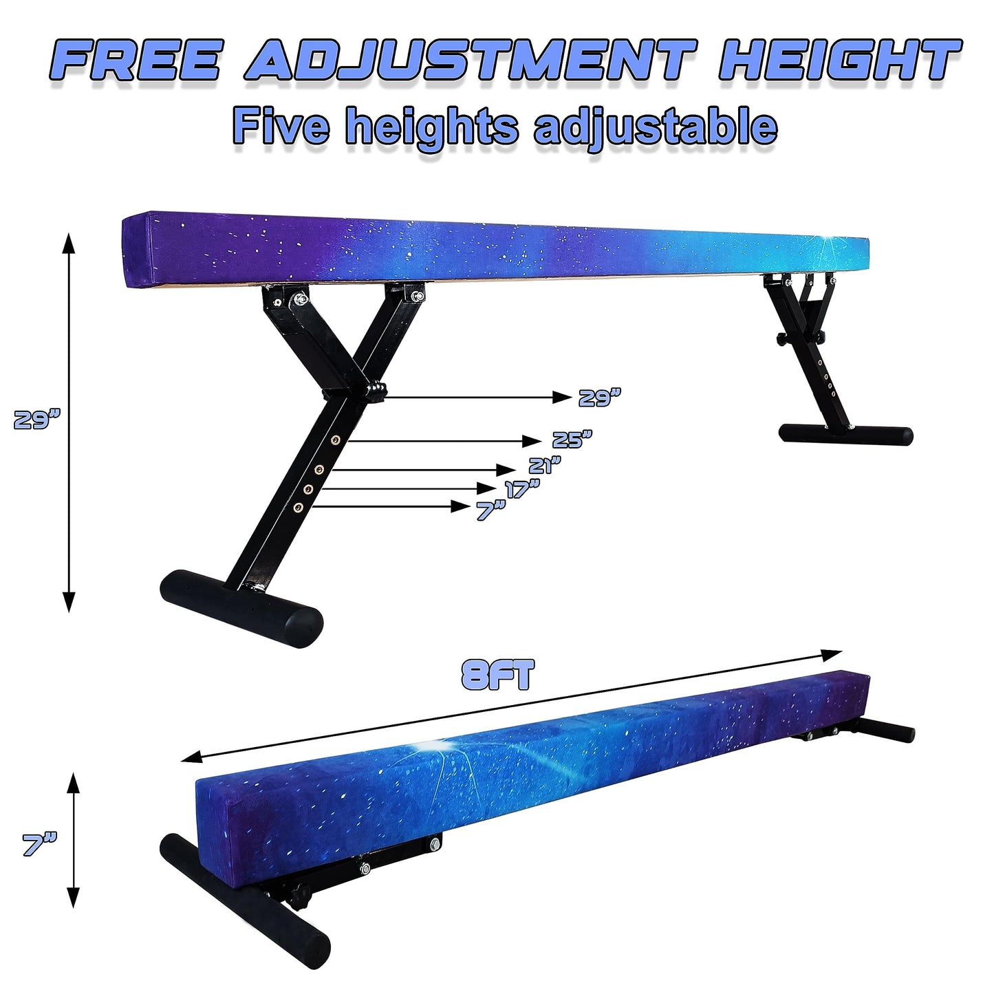 Seliyoo Adjustable Balance Beam Gymnastics Beam high and Low Floor Beam for Kids Home Training,Competition Gymnastic Equipment for All Skills with Weight Limit 500 LBS (Blue Teal, 7"-29")