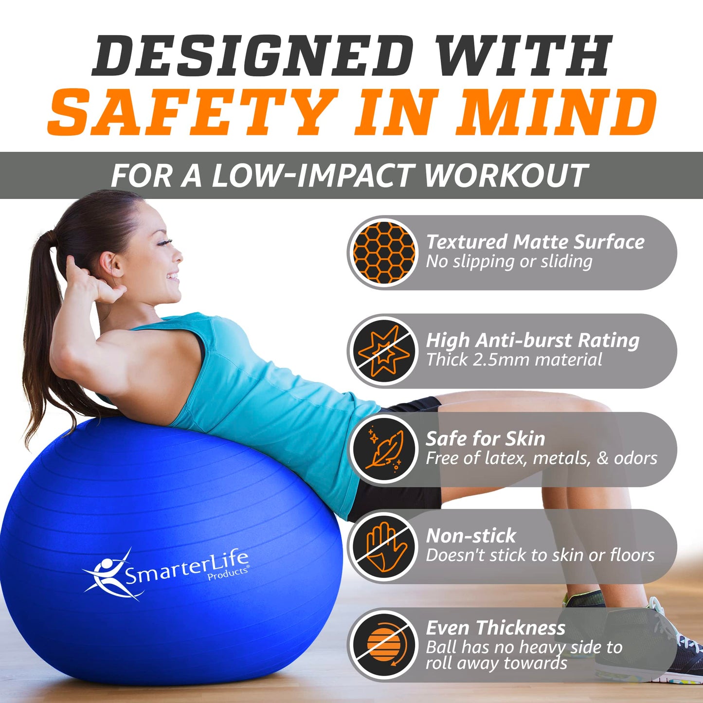 SmarterLife Workout Exercise Ball for Fitness, Yoga, Balance, Stability, or Birthing, Great as Yoga Ball Chair for Office or Exercise Gym Equipment for Home, Non-Slip Design (45 cm, Blue)