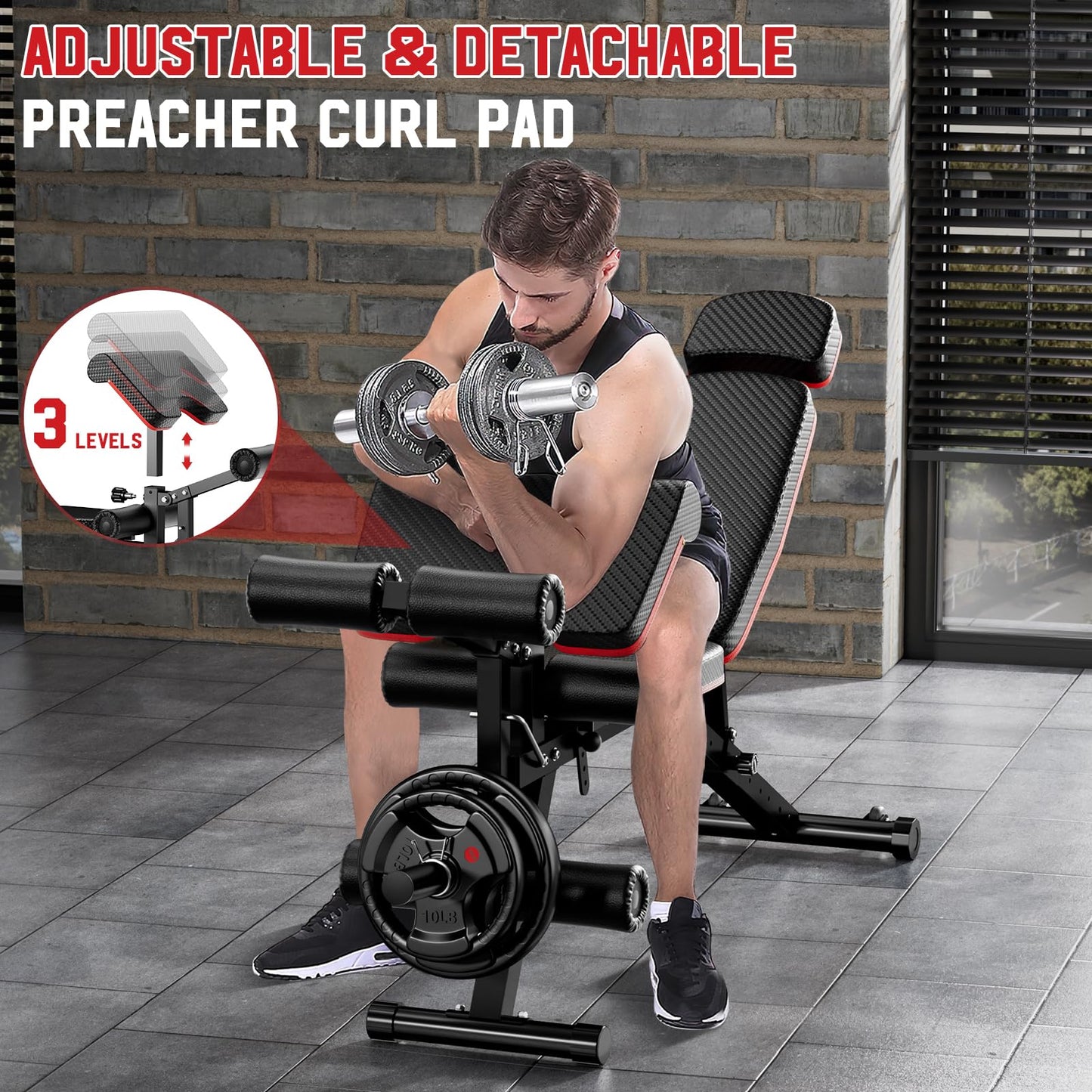 XDDIAS Weight Bench, 900LBS Workout Bench With Leg Extension For Home Gym Equipment, Adjustable Strength Training Bench with Preacher Curl Pad And Extended Headrest, Decline Bench For Full Body Fitness