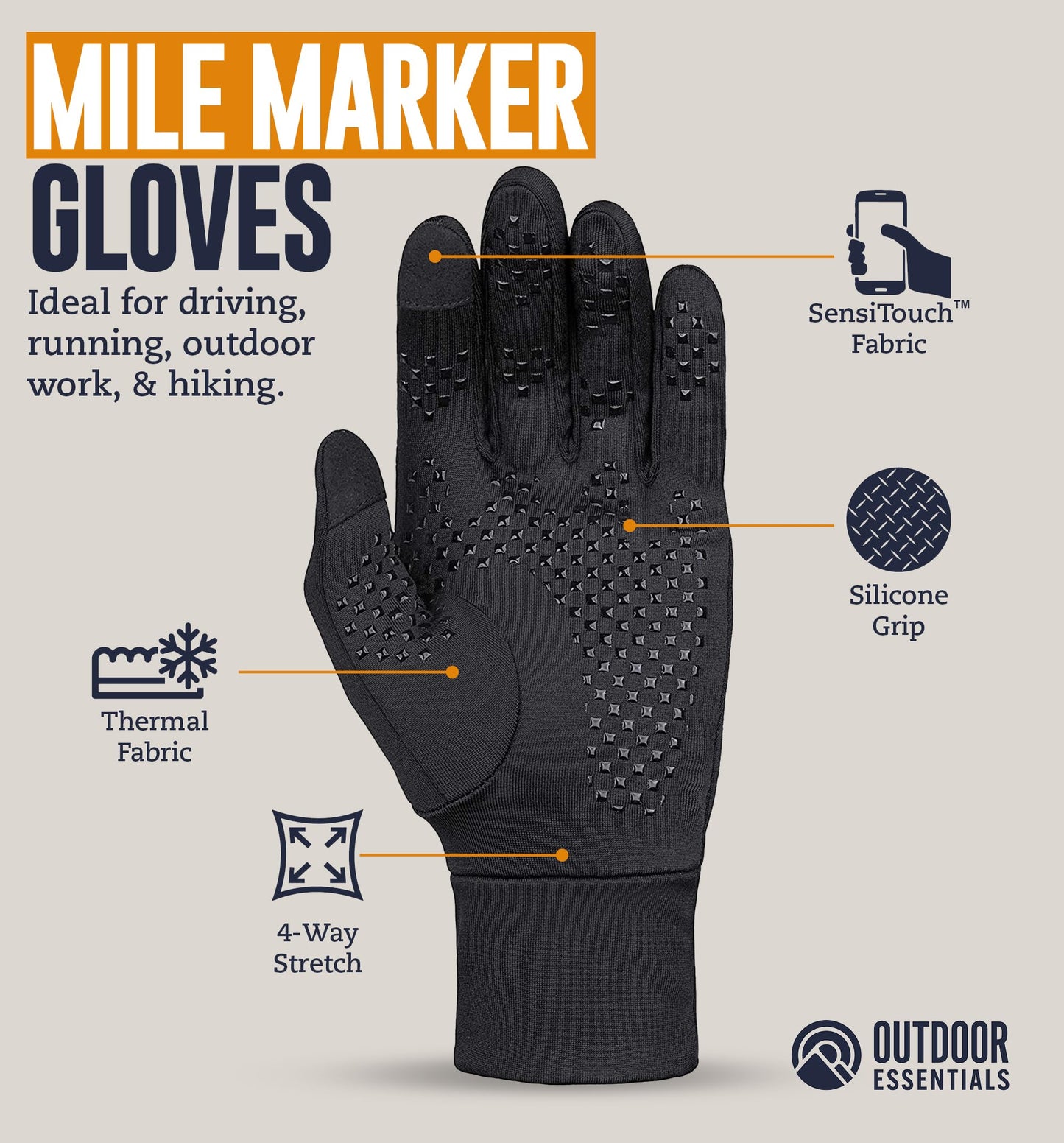 OutdoorEssentials Running Gloves - Touchscreen Men's Winter Gloves - Ski Glove Liners - Black Gloves Cold Weather - Hiking Driving Warm Gloves