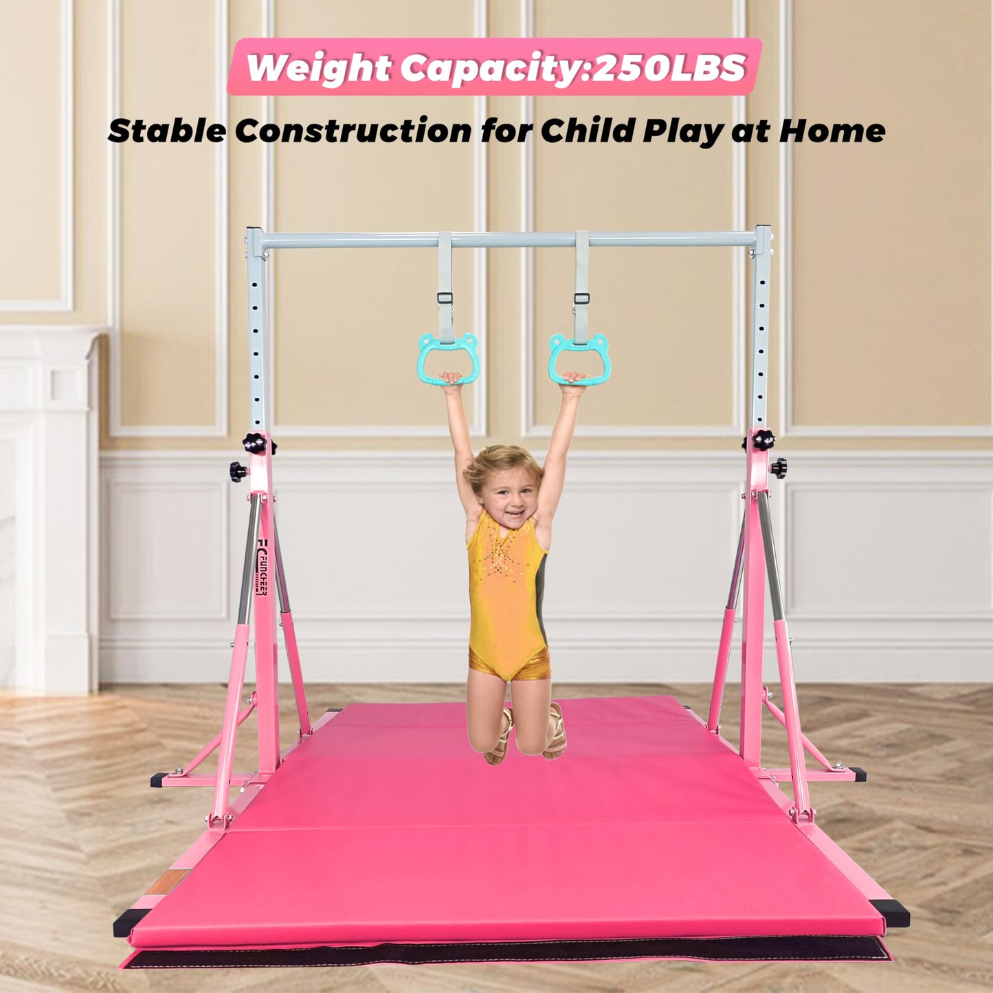 FC FUNCHEER Foldable Gymnastics Bar,5FT Horizontal bar,Adjustable Kids Training bar for Kids Ages 3-15,Kids Gymnastics bar,Triangle Stable Structure-Gym Equipment for Home